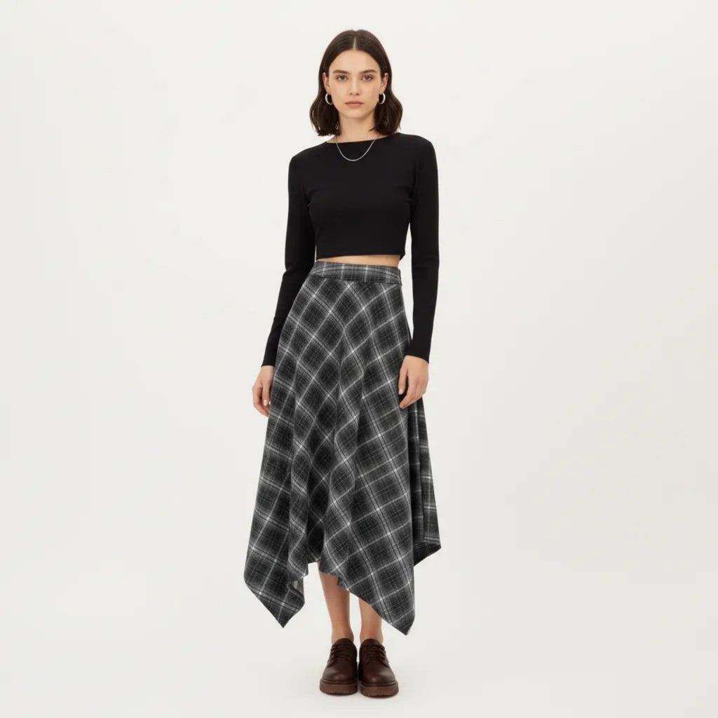 Anna-Kaci Women's Asymmetrical Plaid Midi Skirt with Handkerchief Hem and Flowy Silhouette