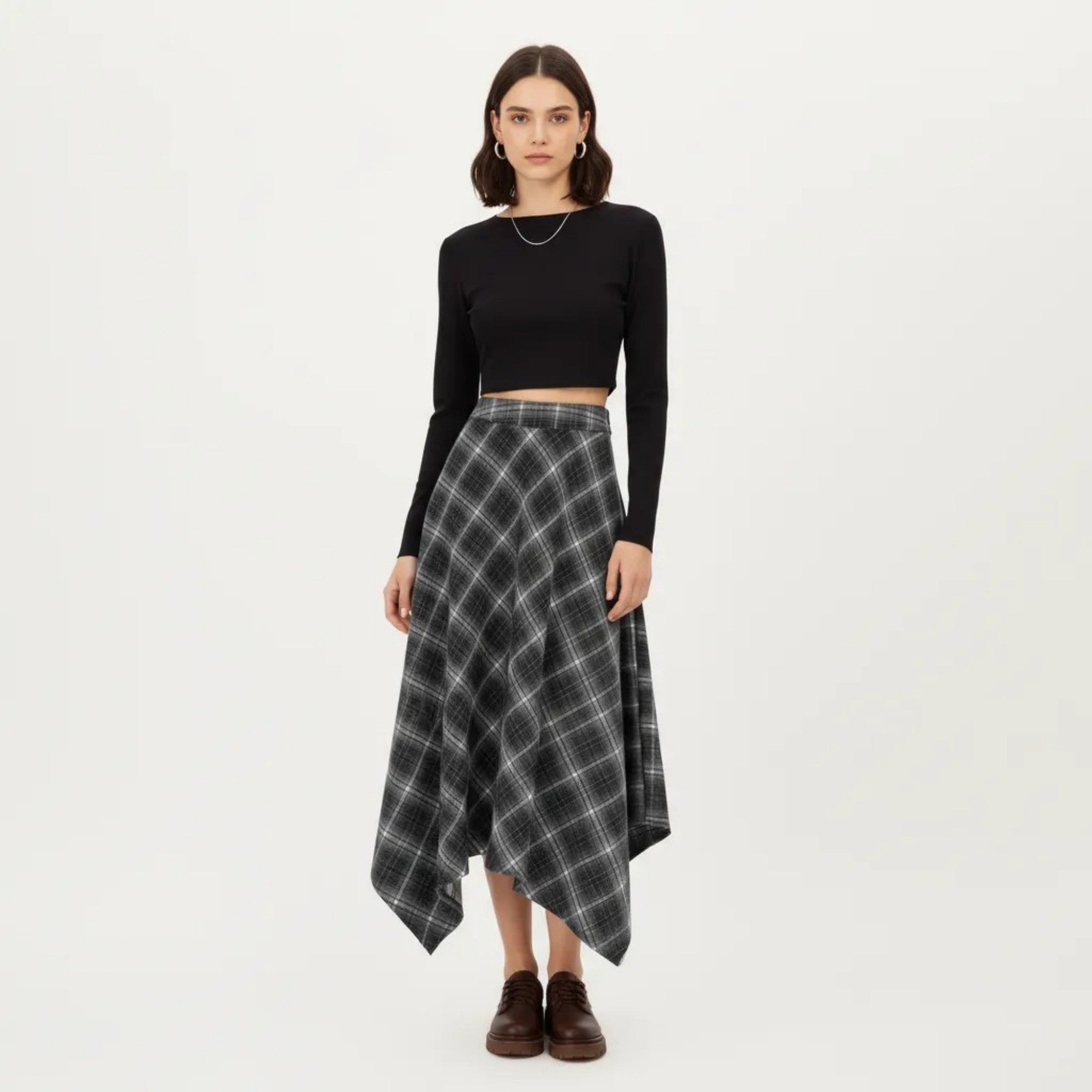 Anna-Kaci Women's Asymmetrical Plaid Midi Skirt with Handkerchief Hem and Flowy Silhouette