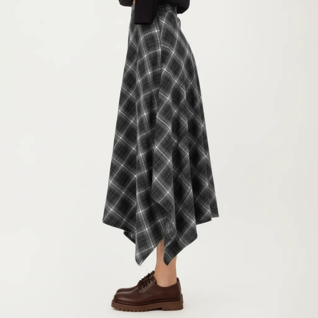 Anna-Kaci Women's Asymmetrical Plaid Midi Skirt with Handkerchief Hem and Flowy Silhouette
