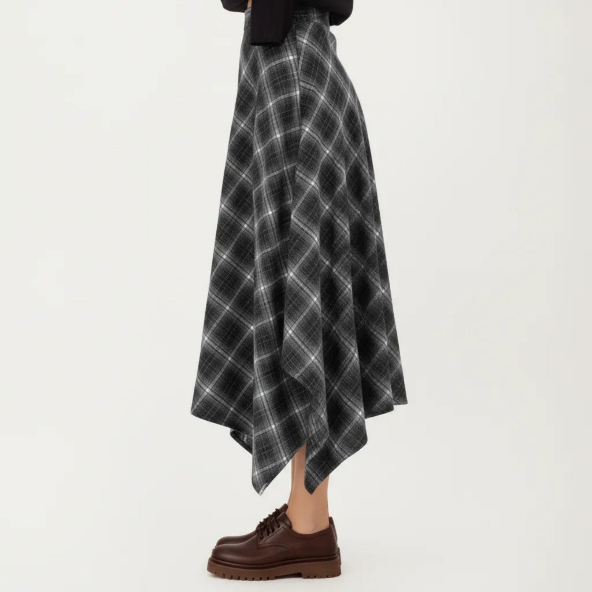 Anna-Kaci Women's Asymmetrical Plaid Midi Skirt with Handkerchief Hem and Flowy Silhouette