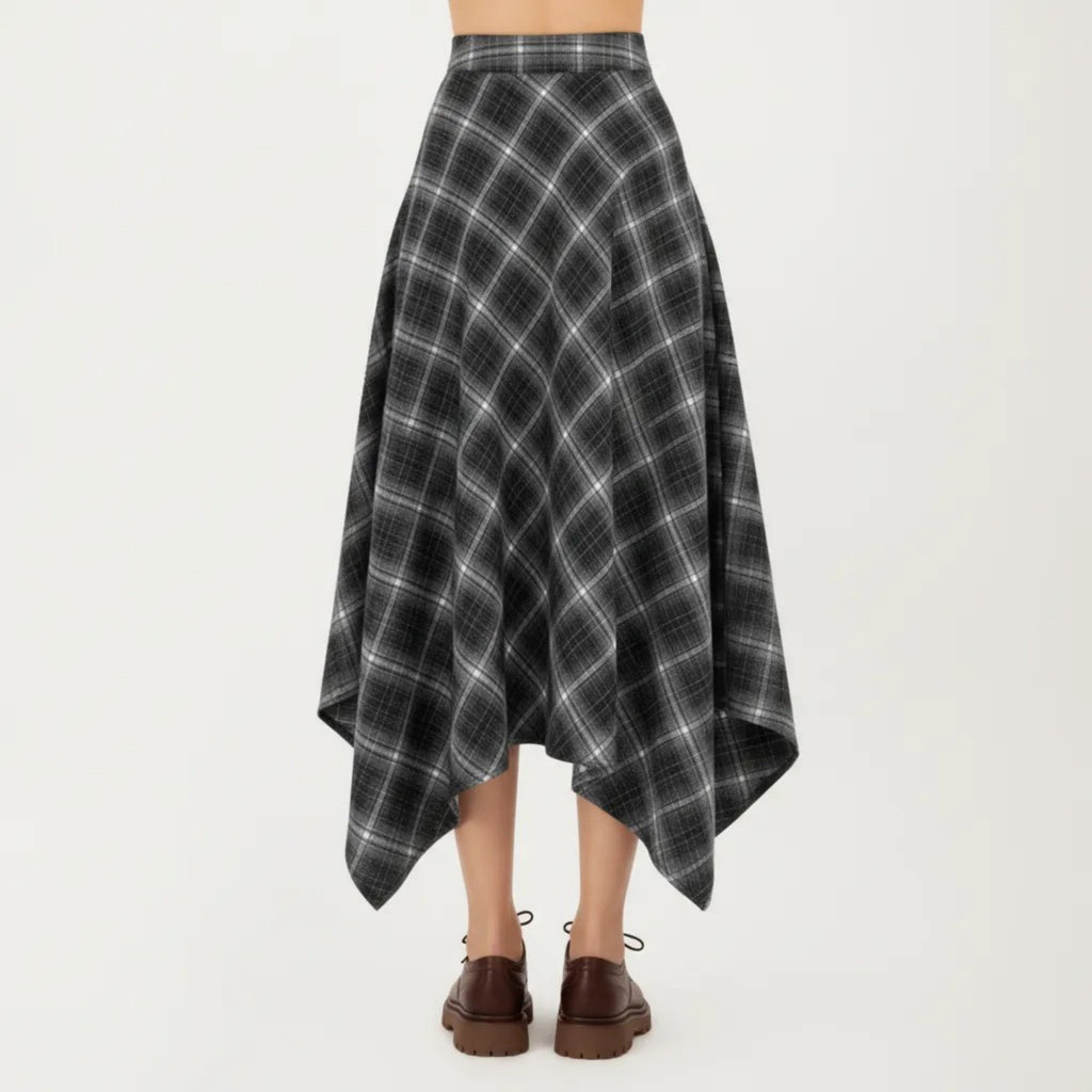 Anna-Kaci Women's Asymmetrical Plaid Midi Skirt with Handkerchief Hem and Flowy Silhouette