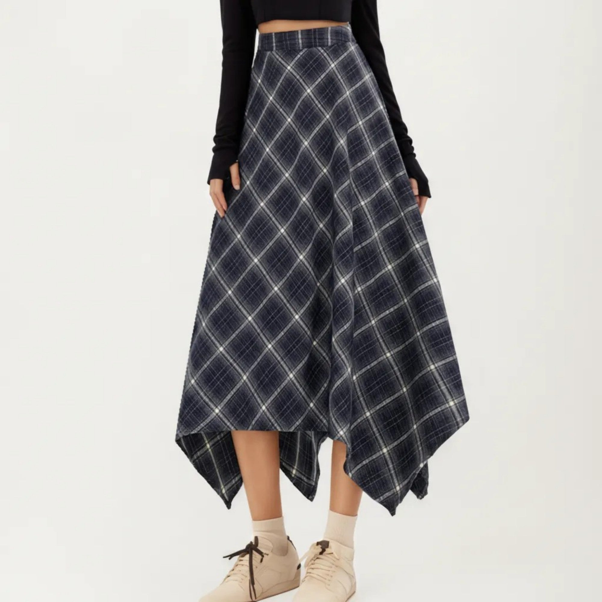 Anna-Kaci Women's Asymmetrical Plaid Midi Skirt with Handkerchief Hem and Flowy Silhouette