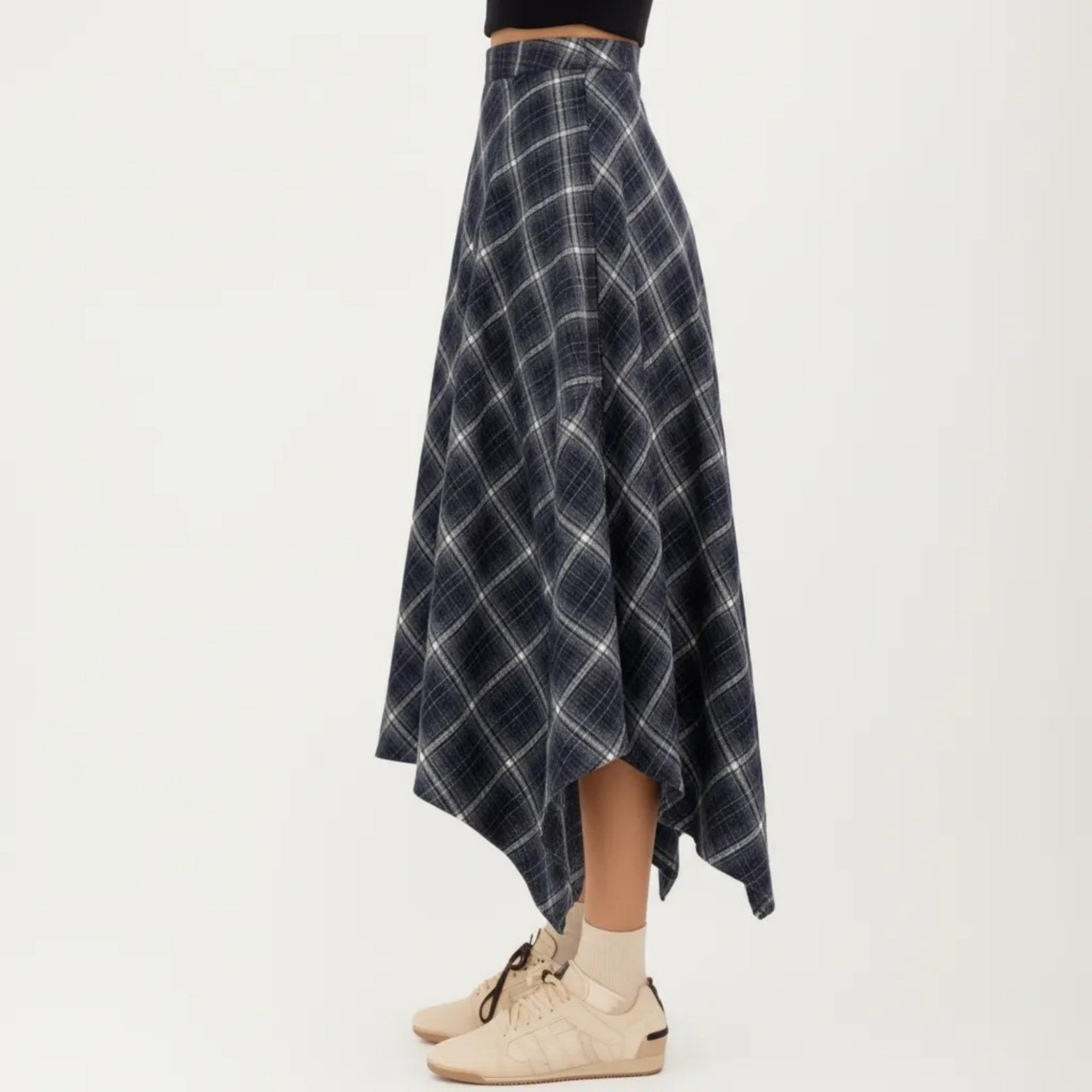 Anna-Kaci Women's Asymmetrical Plaid Midi Skirt with Handkerchief Hem and Flowy Silhouette