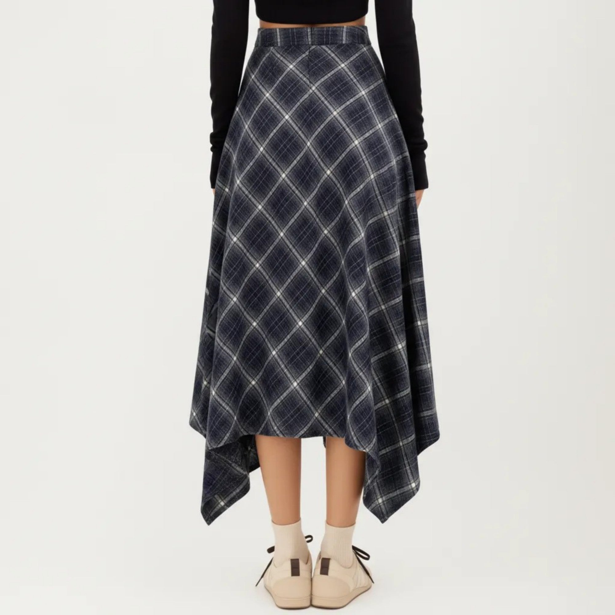 Anna-Kaci Women's Asymmetrical Plaid Midi Skirt with Handkerchief Hem and Flowy Silhouette