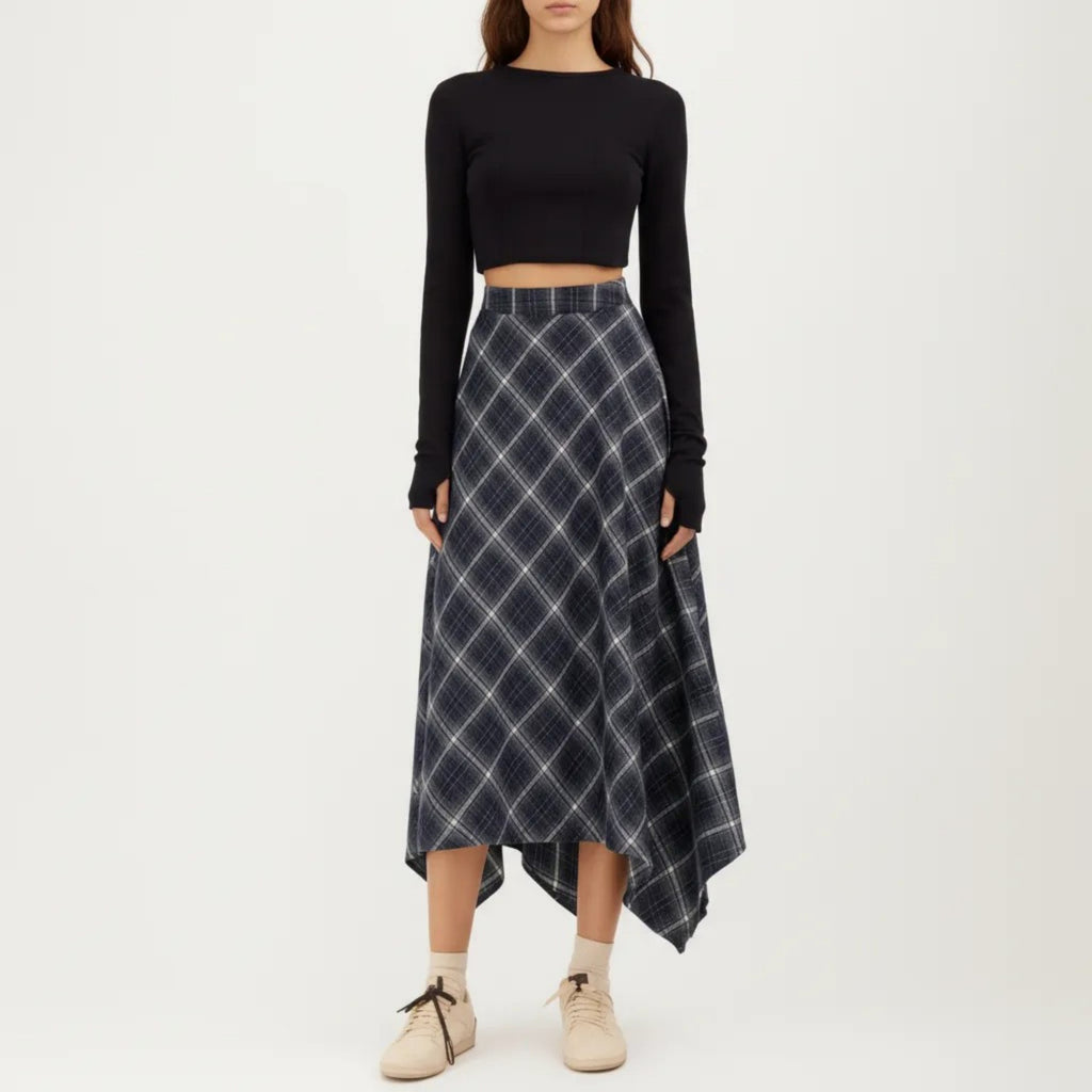 Anna-Kaci Women's Asymmetrical Plaid Midi Skirt with Handkerchief Hem and Flowy Silhouette