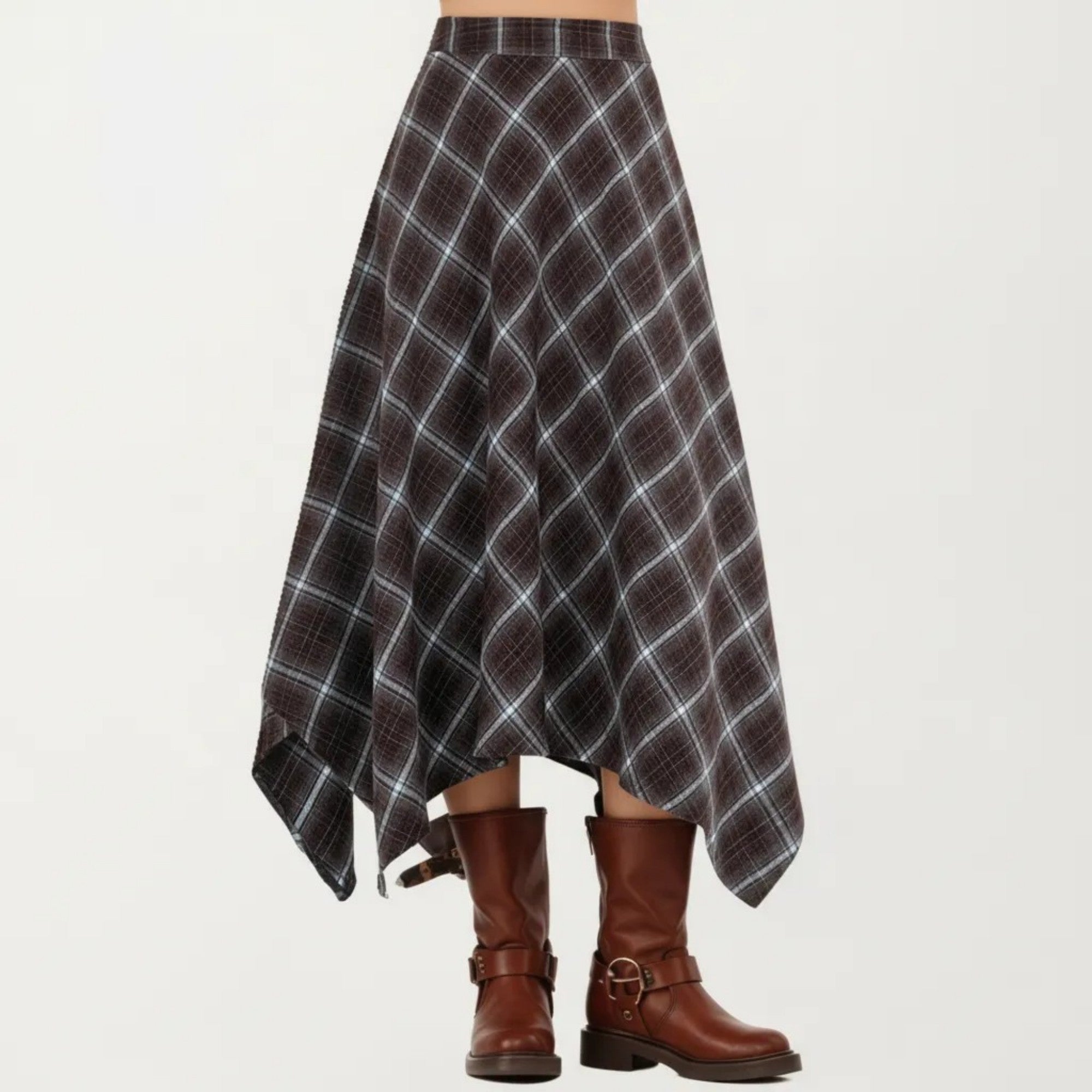 Anna-Kaci Women's Asymmetrical Plaid Midi Skirt with Handkerchief Hem and Flowy Silhouette