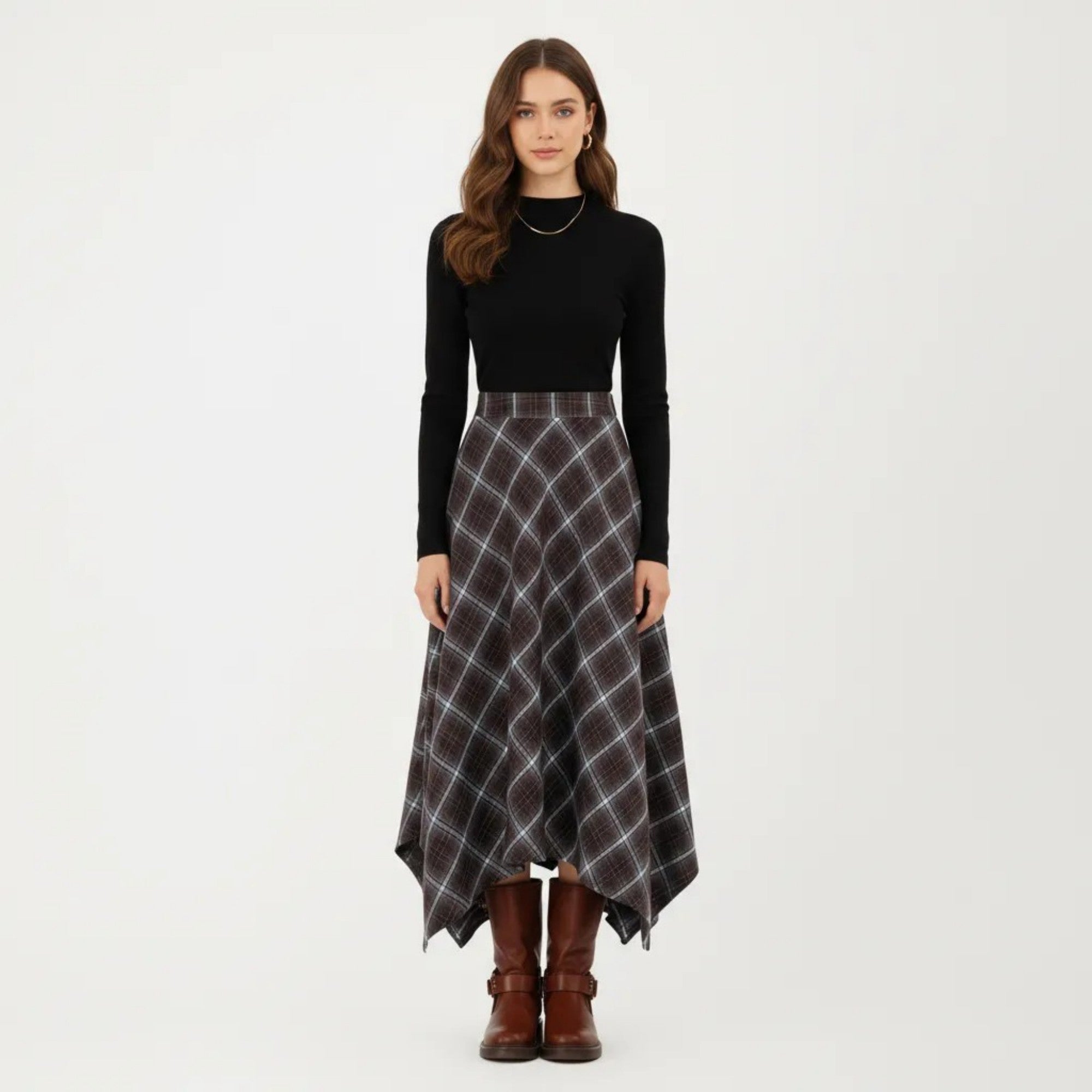Anna-Kaci Women's Asymmetrical Plaid Midi Skirt with Handkerchief Hem and Flowy Silhouette