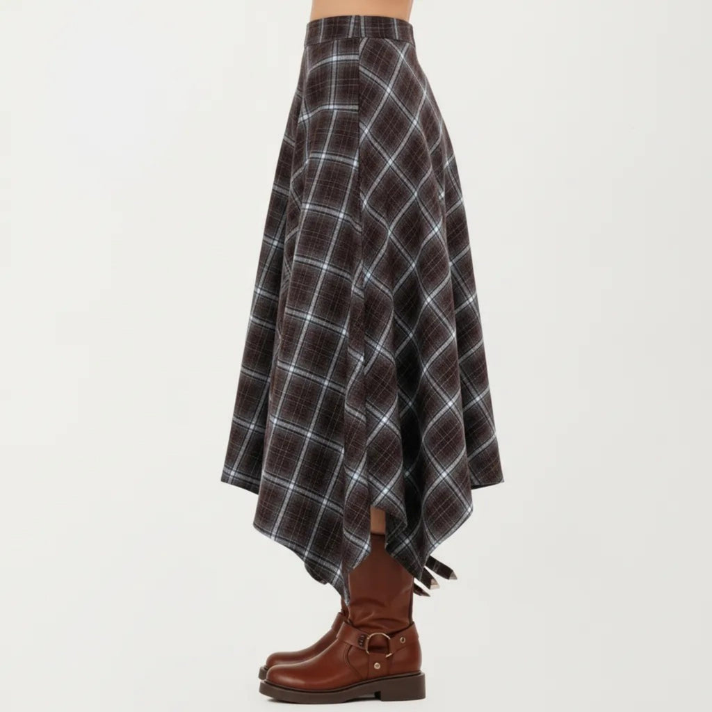 Anna-Kaci Women's Asymmetrical Plaid Midi Skirt with Handkerchief Hem and Flowy Silhouette