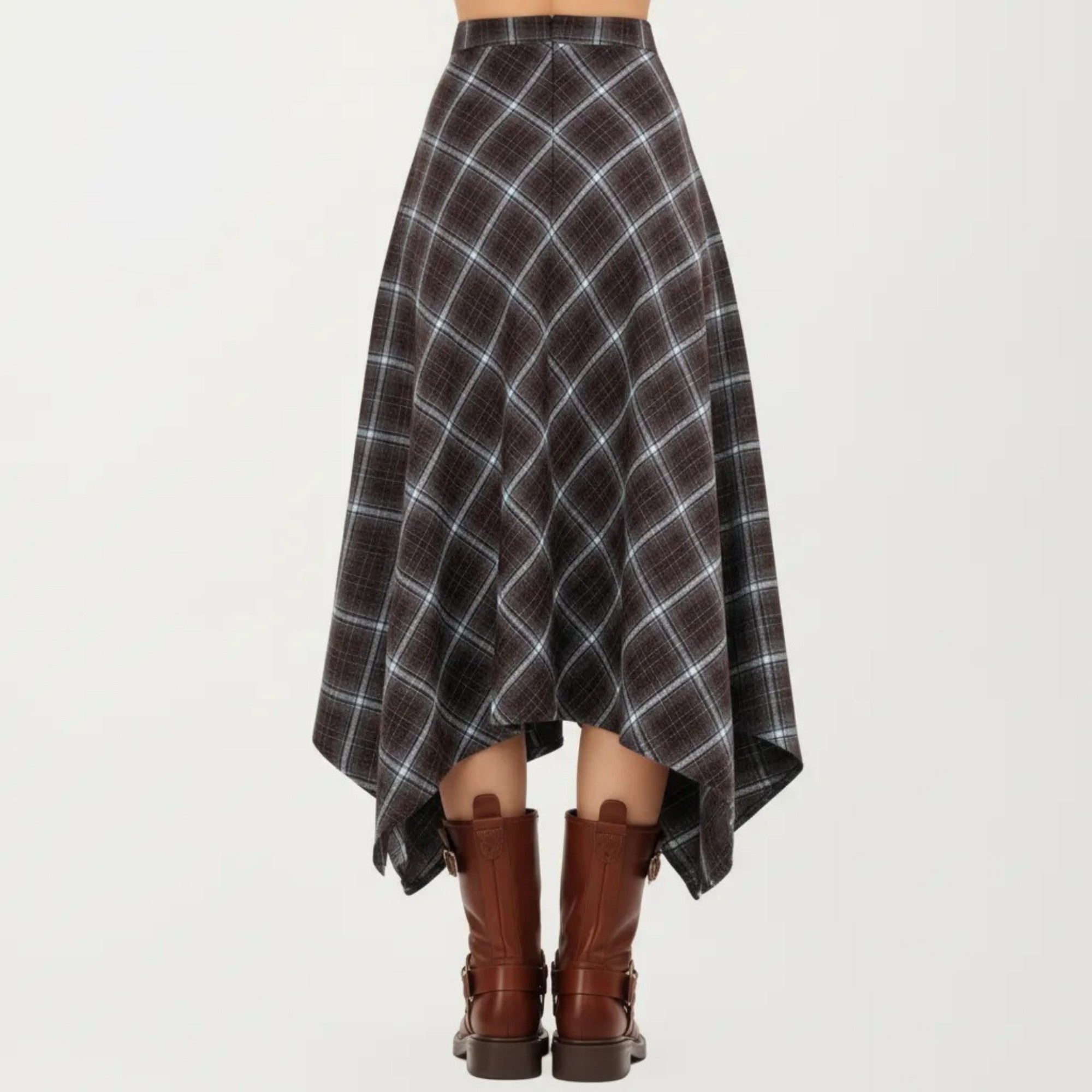 Anna-Kaci Women's Asymmetrical Plaid Midi Skirt with Handkerchief Hem and Flowy Silhouette