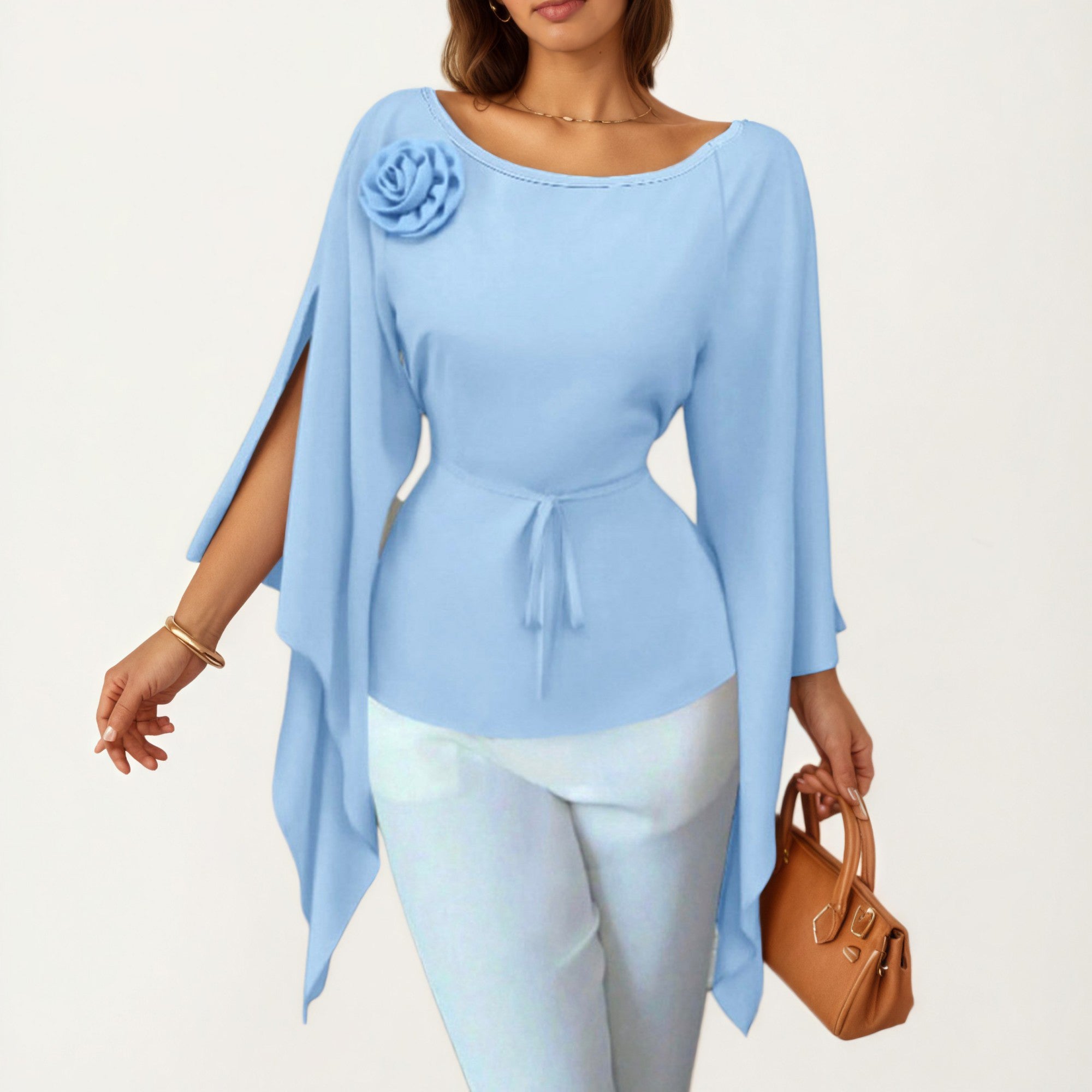 Anna-Kaci Women's Long Sleeve Asymmetrical Top with Floral Applique and Adjustable Waist Tie
