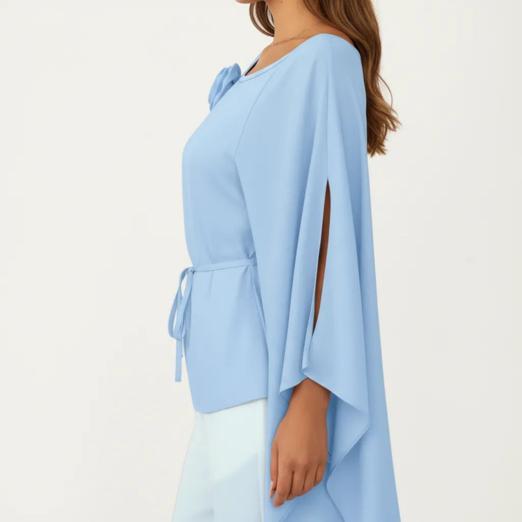 Anna-Kaci Women's Long Sleeve Asymmetrical Top with Floral Applique and Adjustable Waist Tie