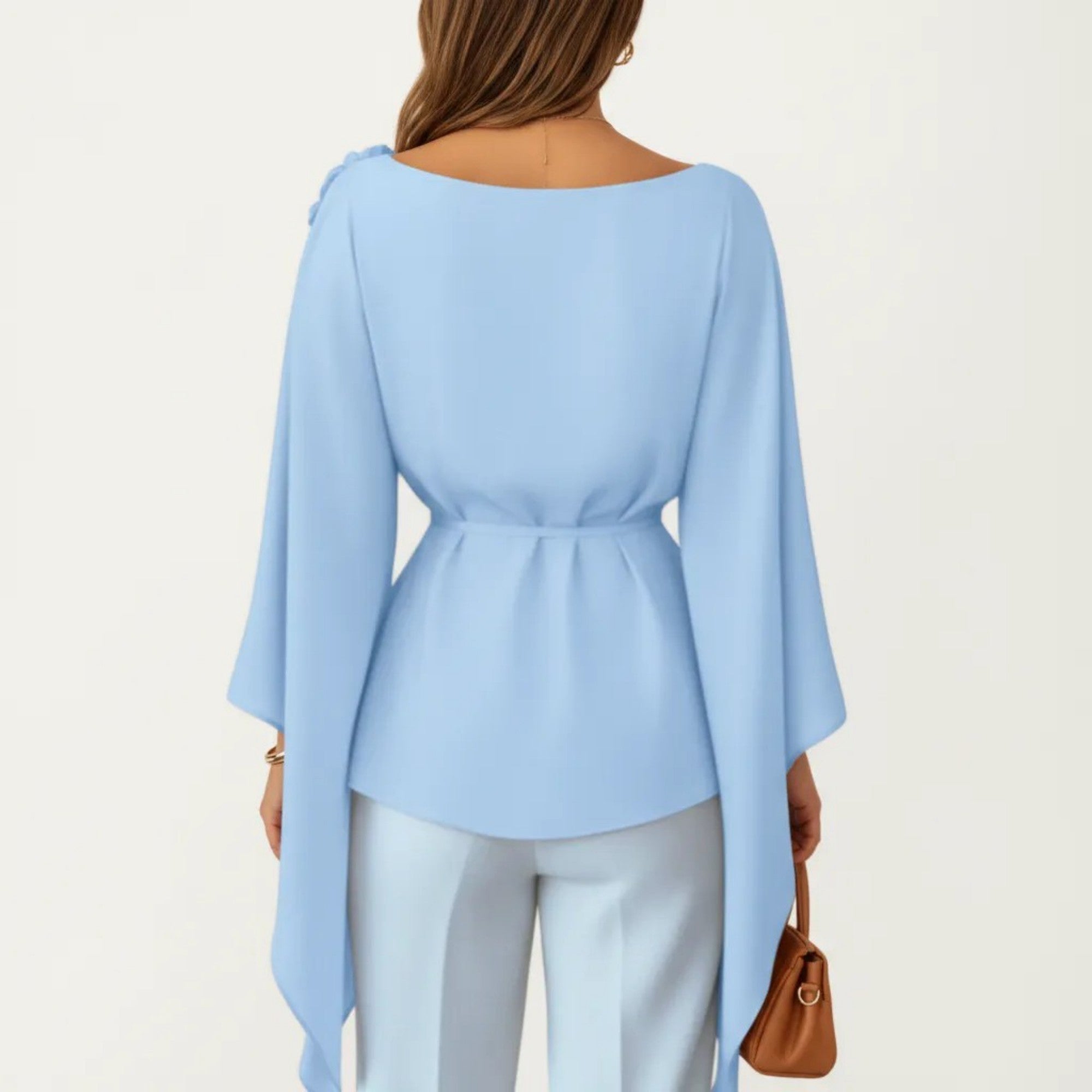 Anna-Kaci Women's Long Sleeve Asymmetrical Top with Floral Applique and Adjustable Waist Tie