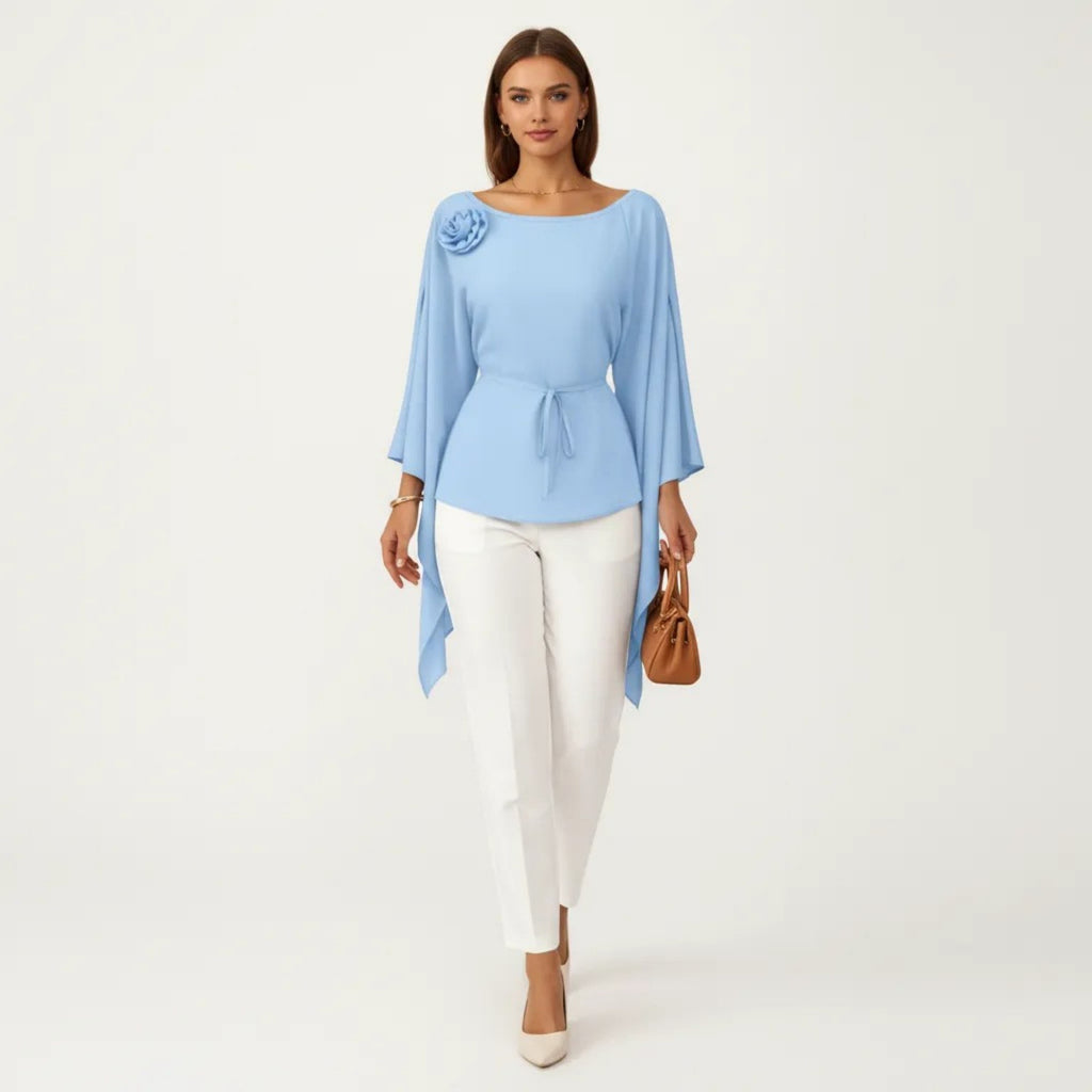 Anna-Kaci Women's Long Sleeve Asymmetrical Top with Floral Applique and Adjustable Waist Tie
