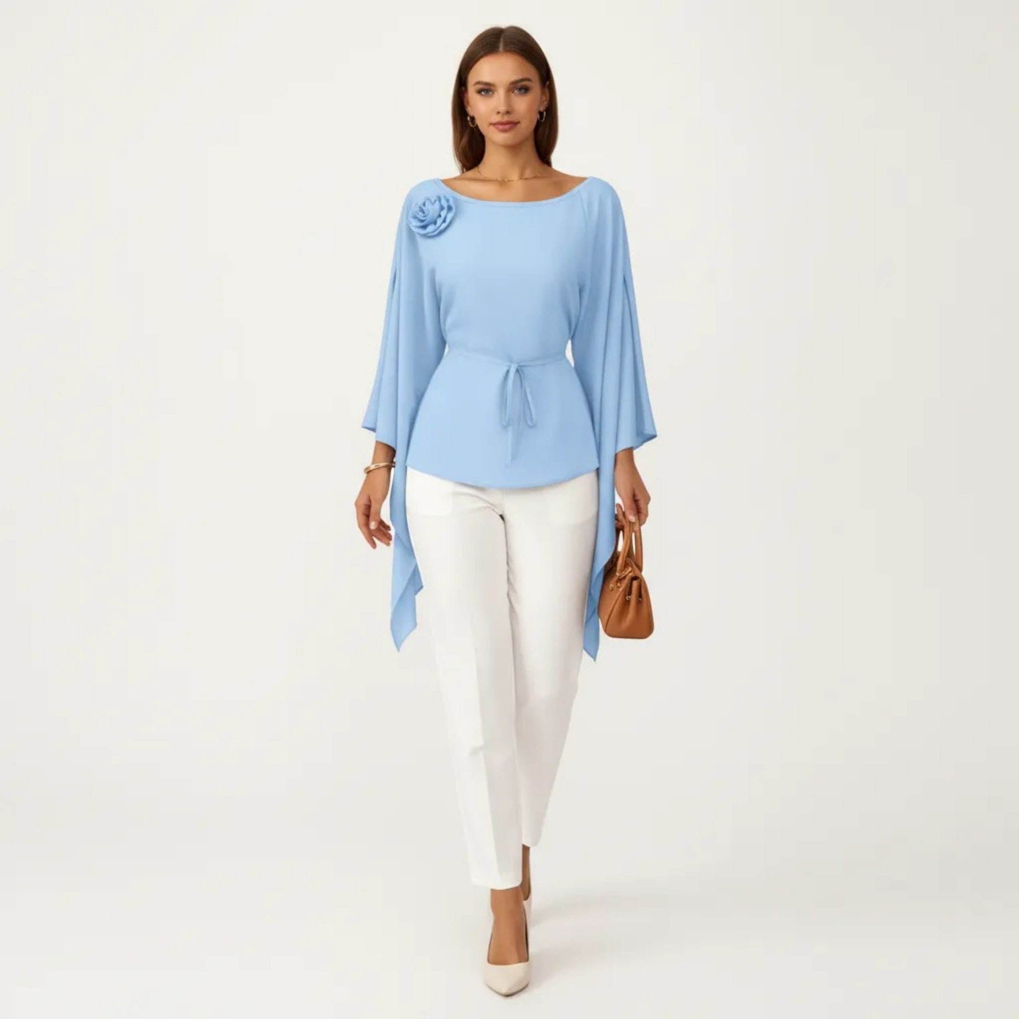 Anna-Kaci Women's Long Sleeve Asymmetrical Top with Floral Applique and Adjustable Waist Tie