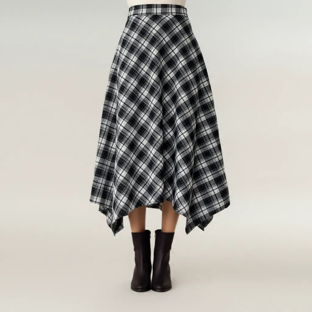 Anna-Kaci Women's Plaid Midi Skirt with Handkerchief Hem and High Waist Flared Silhouette