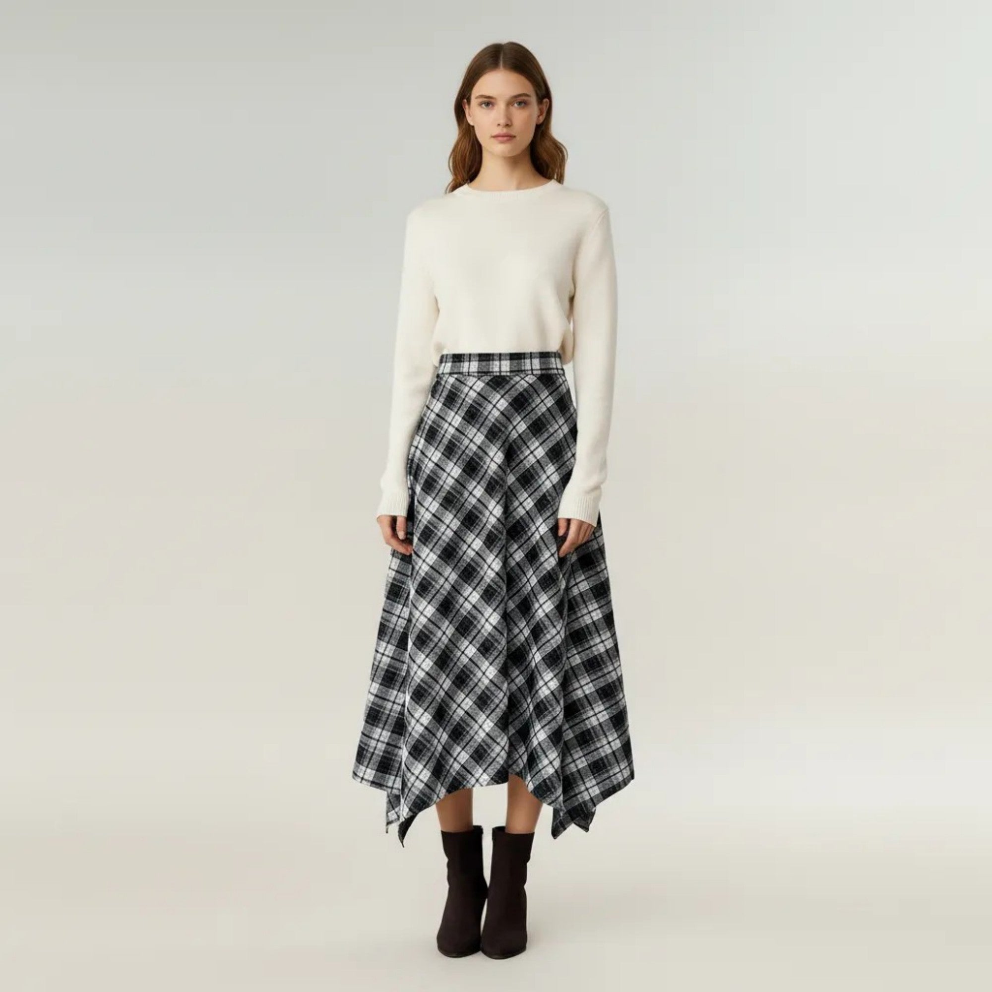 Anna-Kaci Women's Plaid Midi Skirt with Handkerchief Hem and High Waist Flared Silhouette