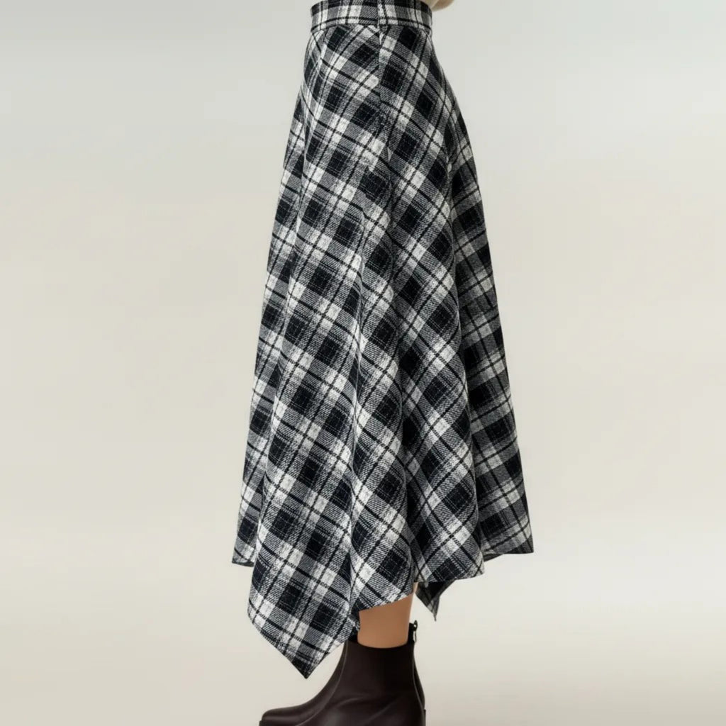 Anna-Kaci Women's Plaid Midi Skirt with Handkerchief Hem and High Waist Flared Silhouette