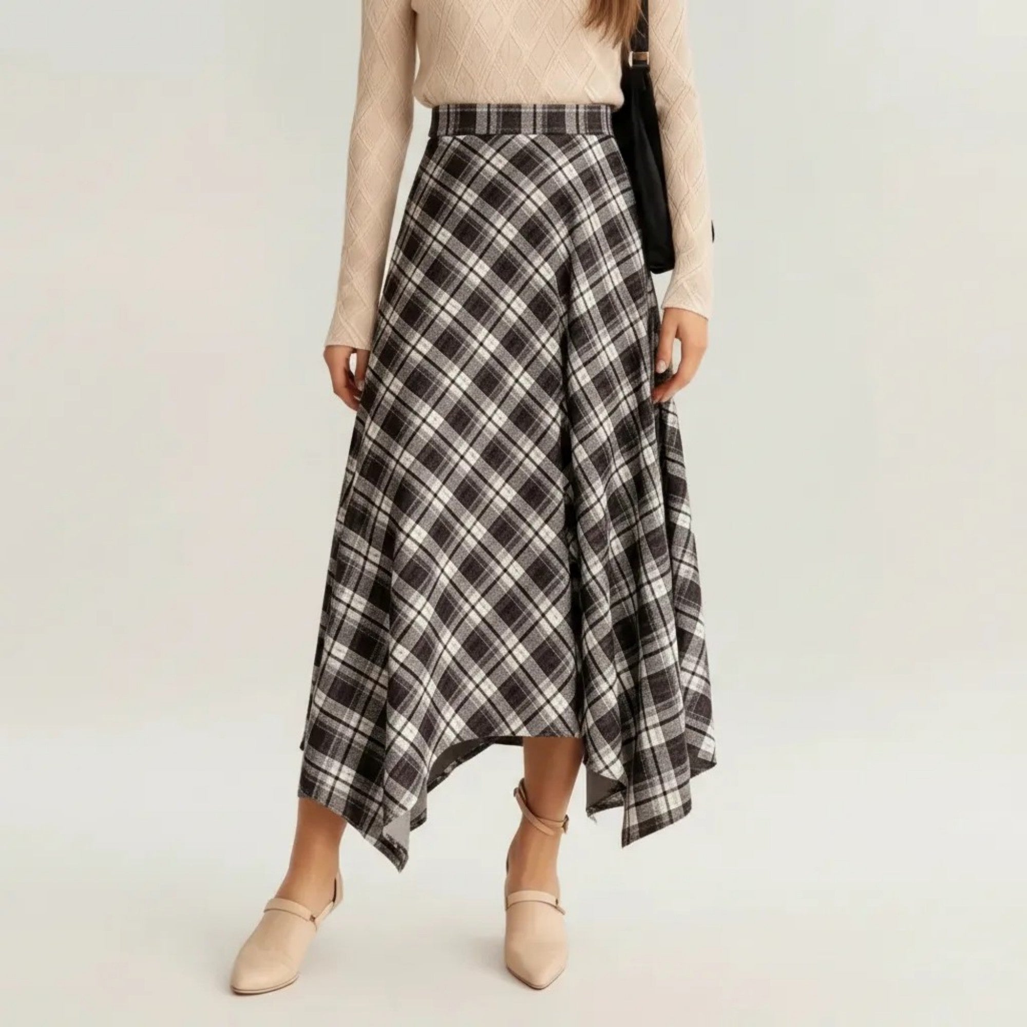 Anna-Kaci Women's Plaid Midi Skirt with Handkerchief Hem and High Waist Flared Silhouette
