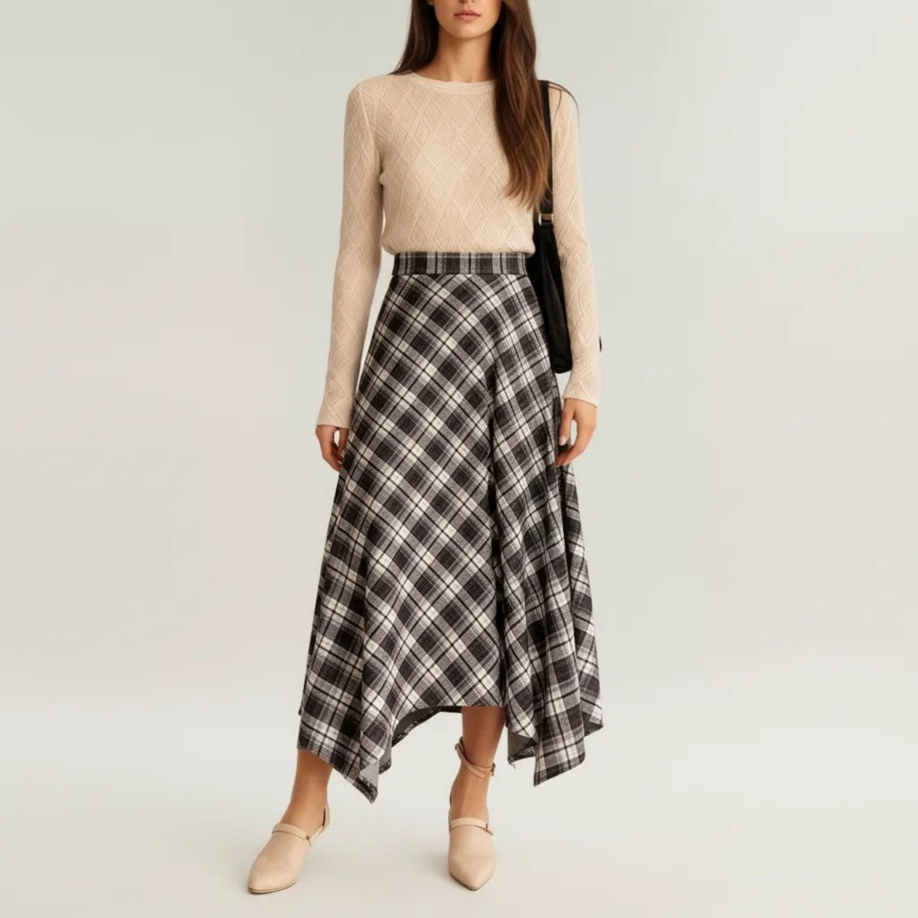 Anna-Kaci Women's Plaid Midi Skirt with Handkerchief Hem and High Waist Flared Silhouette