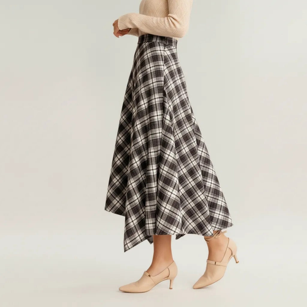 Anna-Kaci Women's Plaid Midi Skirt with Handkerchief Hem and High Waist Flared Silhouette