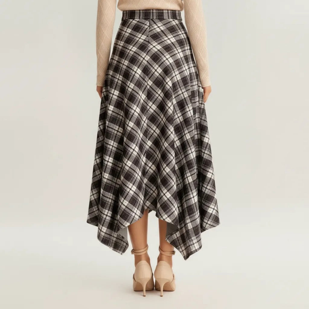 Anna-Kaci Women's Plaid Midi Skirt with Handkerchief Hem and High Waist Flared Silhouette
