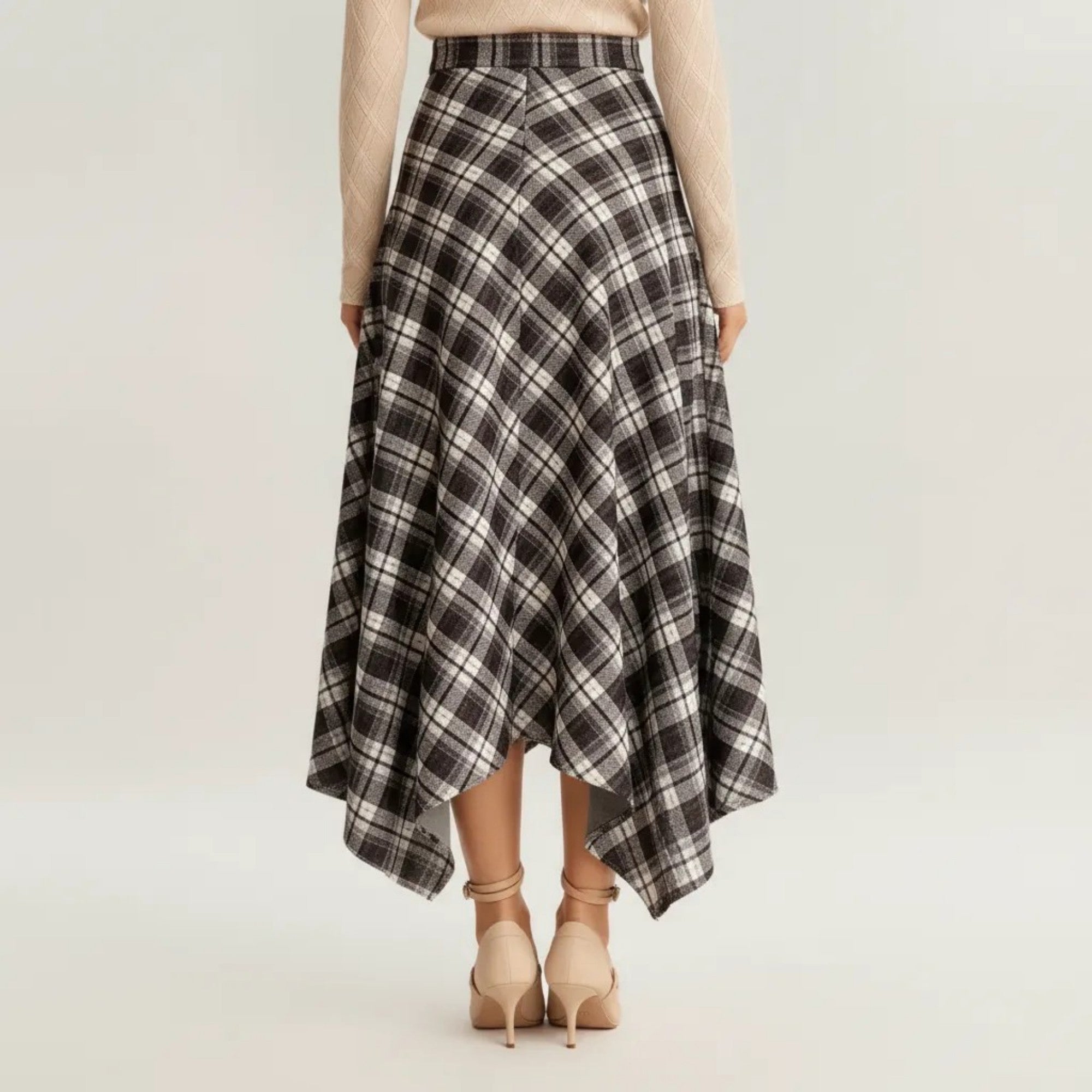 Anna-Kaci Women's Plaid Midi Skirt with Handkerchief Hem and High Waist Flared Silhouette