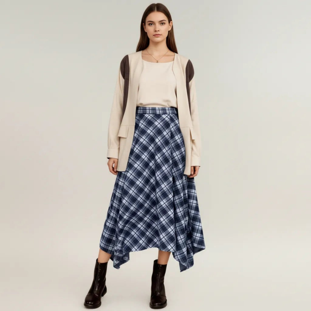 Anna-Kaci Women's Plaid Midi Skirt with Handkerchief Hem and High Waist Flared Silhouette