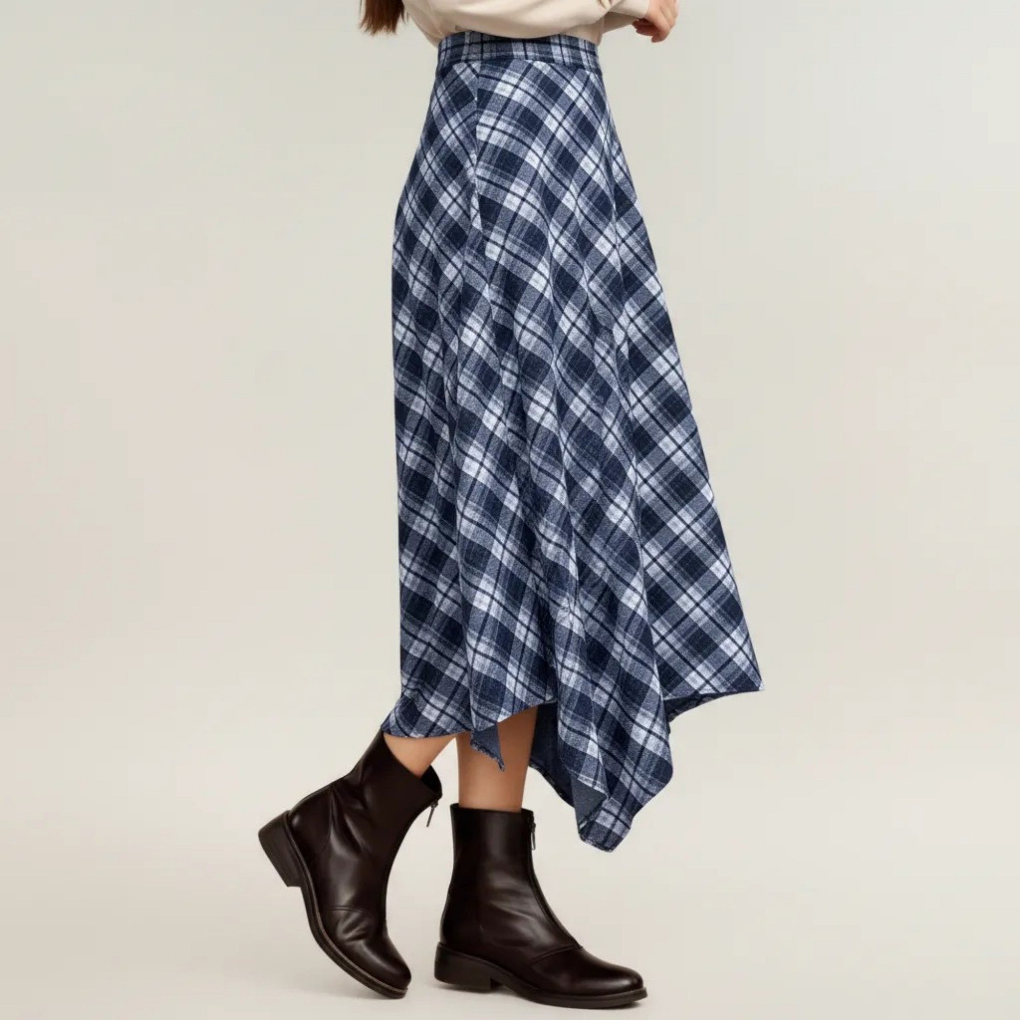 Anna-Kaci Women's Plaid Midi Skirt with Handkerchief Hem and High Waist Flared Silhouette
