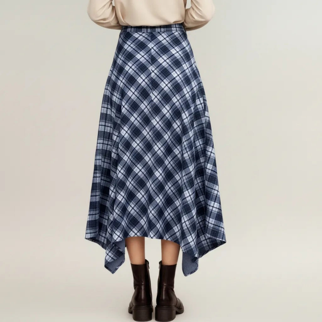 Anna-Kaci Women's Plaid Midi Skirt with Handkerchief Hem and High Waist Flared Silhouette