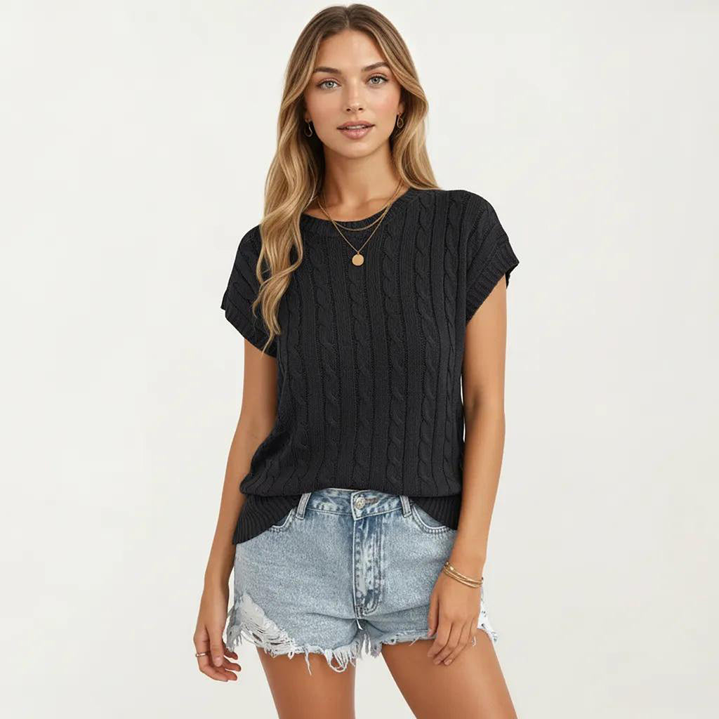 Anna-Kaci Women's Sleeveless Cable Knit Pullover Sweater Top with Ribbed Trim and Relaxed Fit