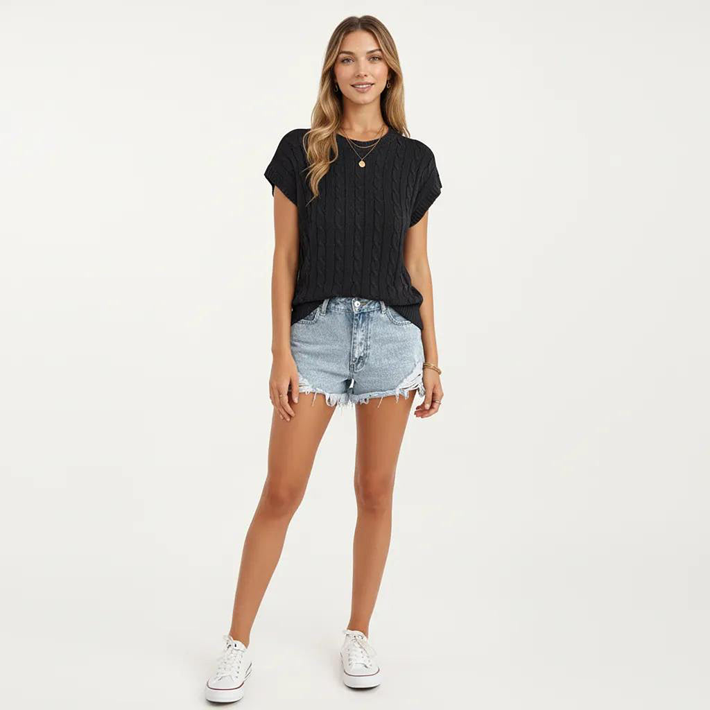 Anna-Kaci Women's Sleeveless Cable Knit Pullover Sweater Top with Ribbed Trim and Relaxed Fit