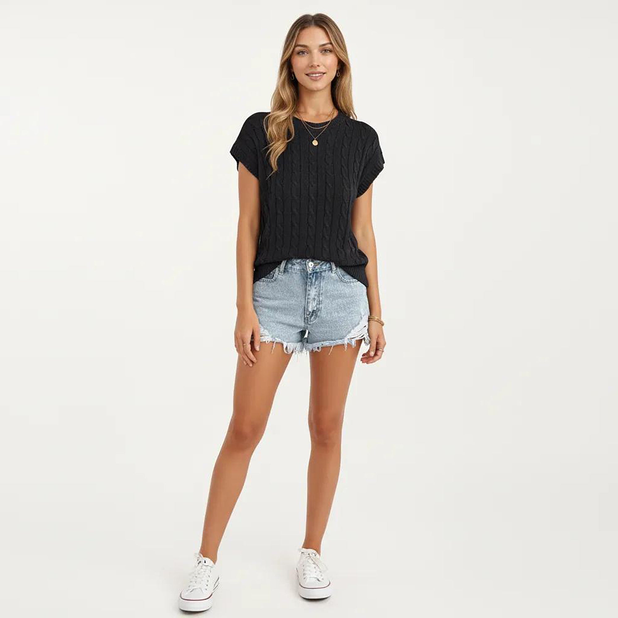 Anna-Kaci Women's Sleeveless Cable Knit Pullover Sweater Top with Ribbed Trim and Relaxed Fit