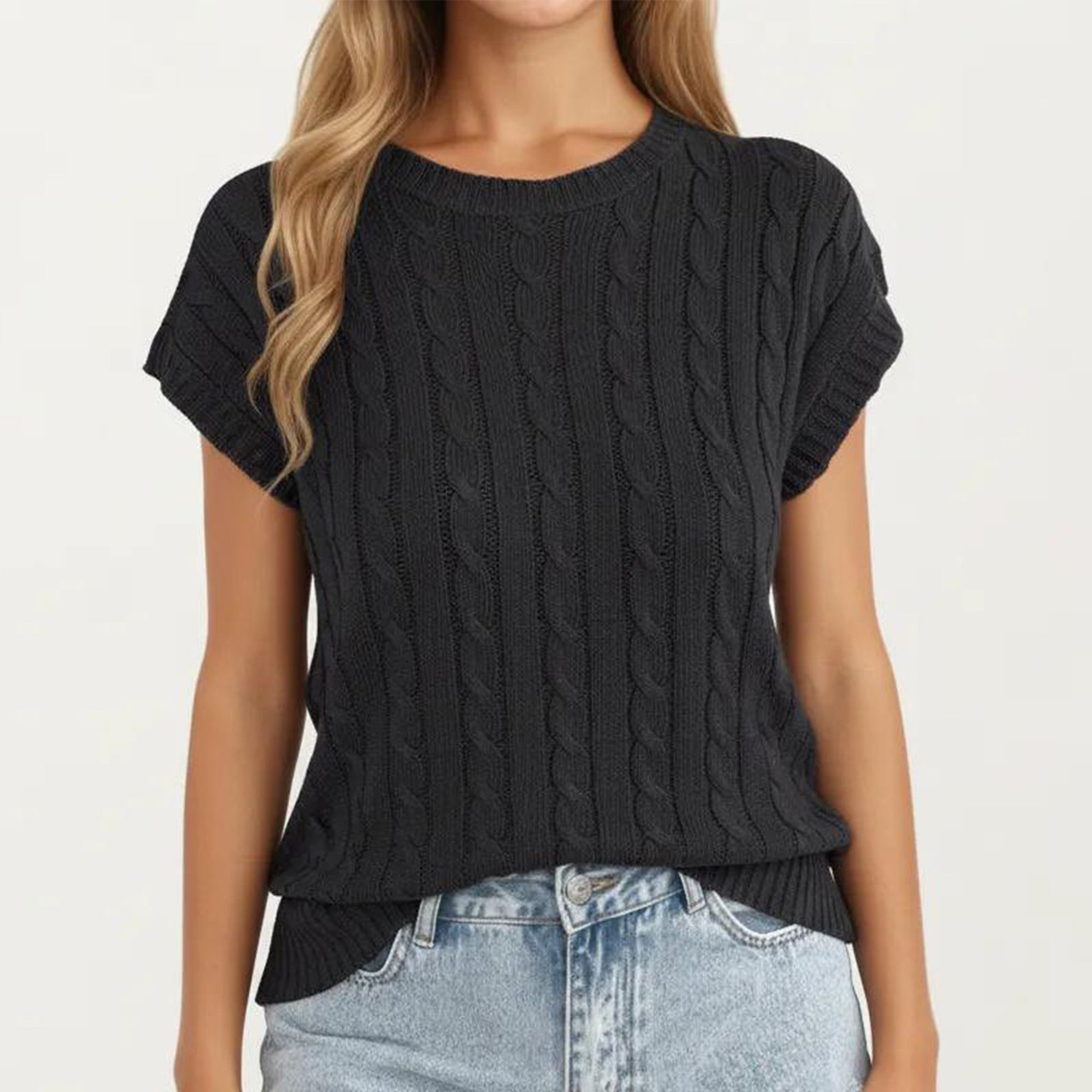 Anna-Kaci Women's Sleeveless Cable Knit Pullover Sweater Top with Ribbed Trim and Relaxed Fit