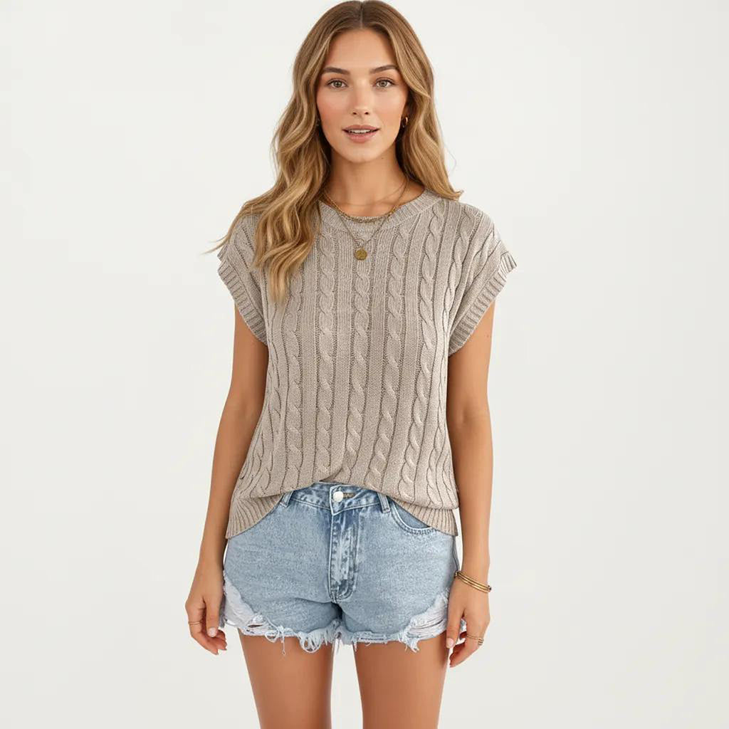 Anna-Kaci Women's Sleeveless Cable Knit Pullover Sweater Top with Ribbed Trim and Relaxed Fit