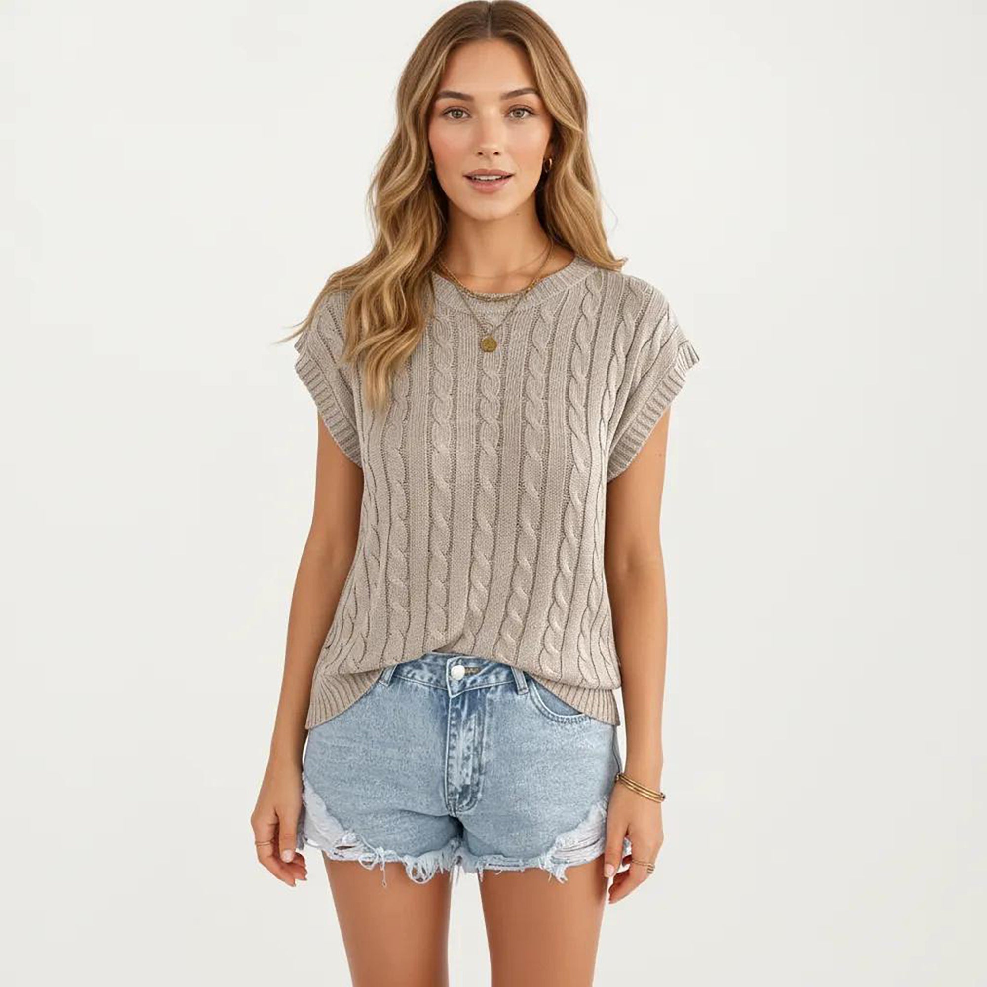 Anna-Kaci Women's Sleeveless Cable Knit Pullover Sweater Top with Ribbed Trim and Relaxed Fit
