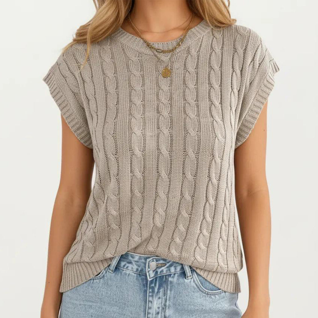Anna-Kaci Women's Sleeveless Cable Knit Pullover Sweater Top with Ribbed Trim and Relaxed Fit