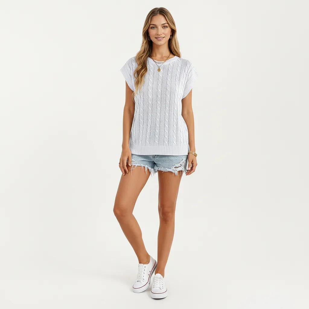 Anna-Kaci Women's Sleeveless Cable Knit Pullover Sweater Top with Ribbed Trim and Relaxed Fit