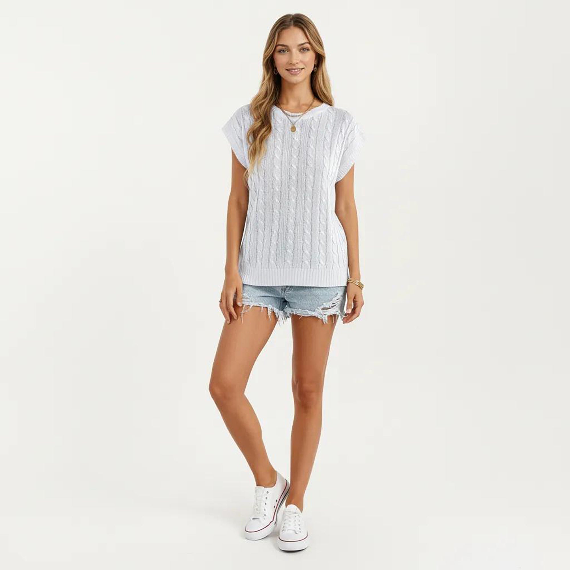 Anna-Kaci Women's Sleeveless Cable Knit Pullover Sweater Top with Ribbed Trim and Relaxed Fit