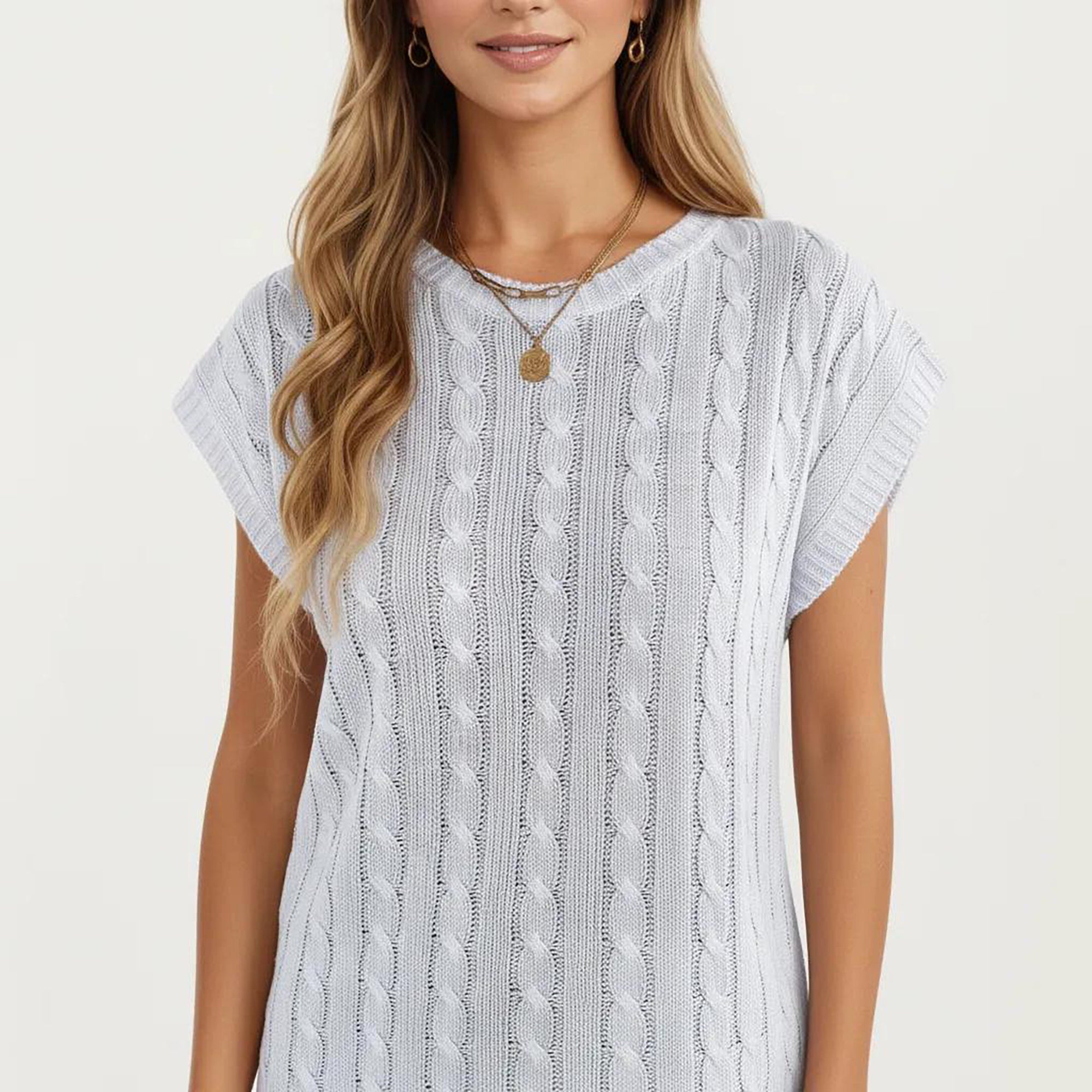 Anna-Kaci Women's Sleeveless Cable Knit Pullover Sweater Top with Ribbed Trim and Relaxed Fit
