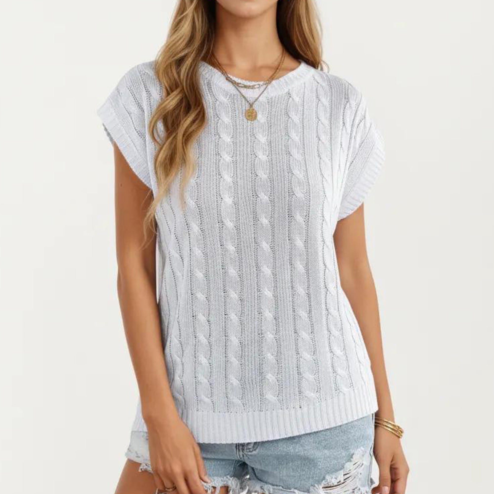 Anna-Kaci Women's Sleeveless Cable Knit Pullover Sweater Top with Ribbed Trim and Relaxed Fit