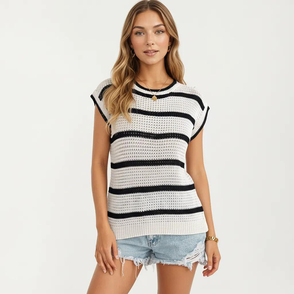 Anna-Kaci Women's Sleeveless Striped Knit Pullover Sweater Top with Ribbed Trim and Relaxed Fit