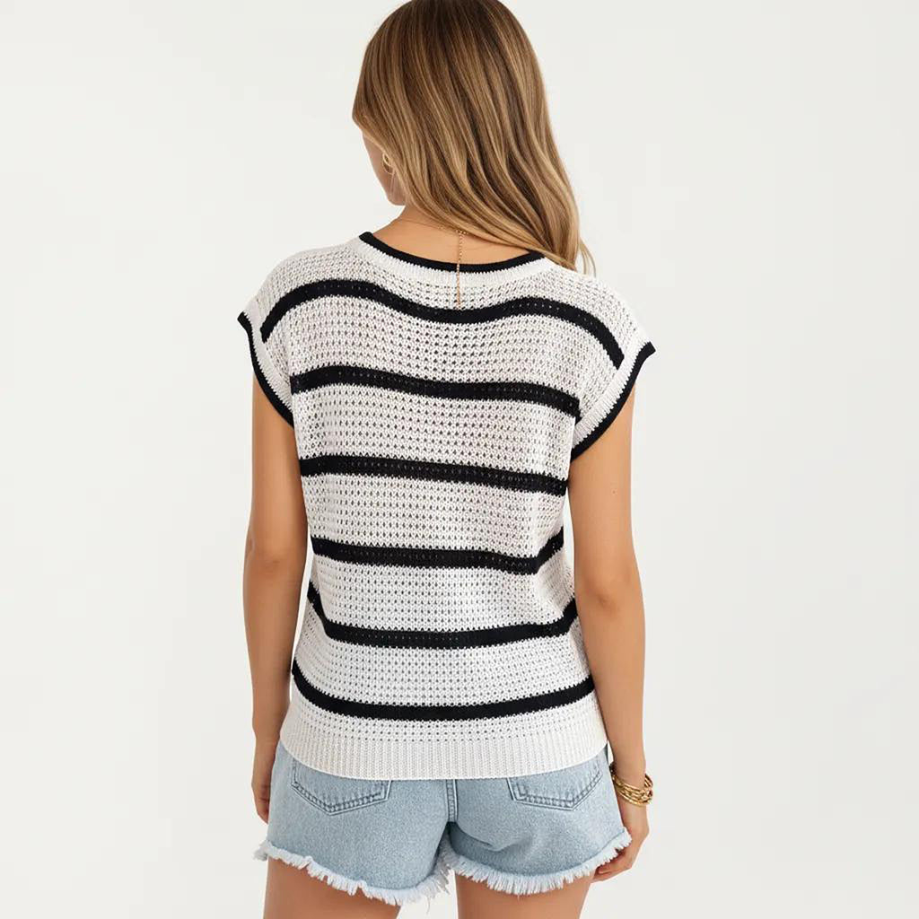 Anna-Kaci Women's Sleeveless Striped Knit Pullover Sweater Top with Ribbed Trim and Relaxed Fit