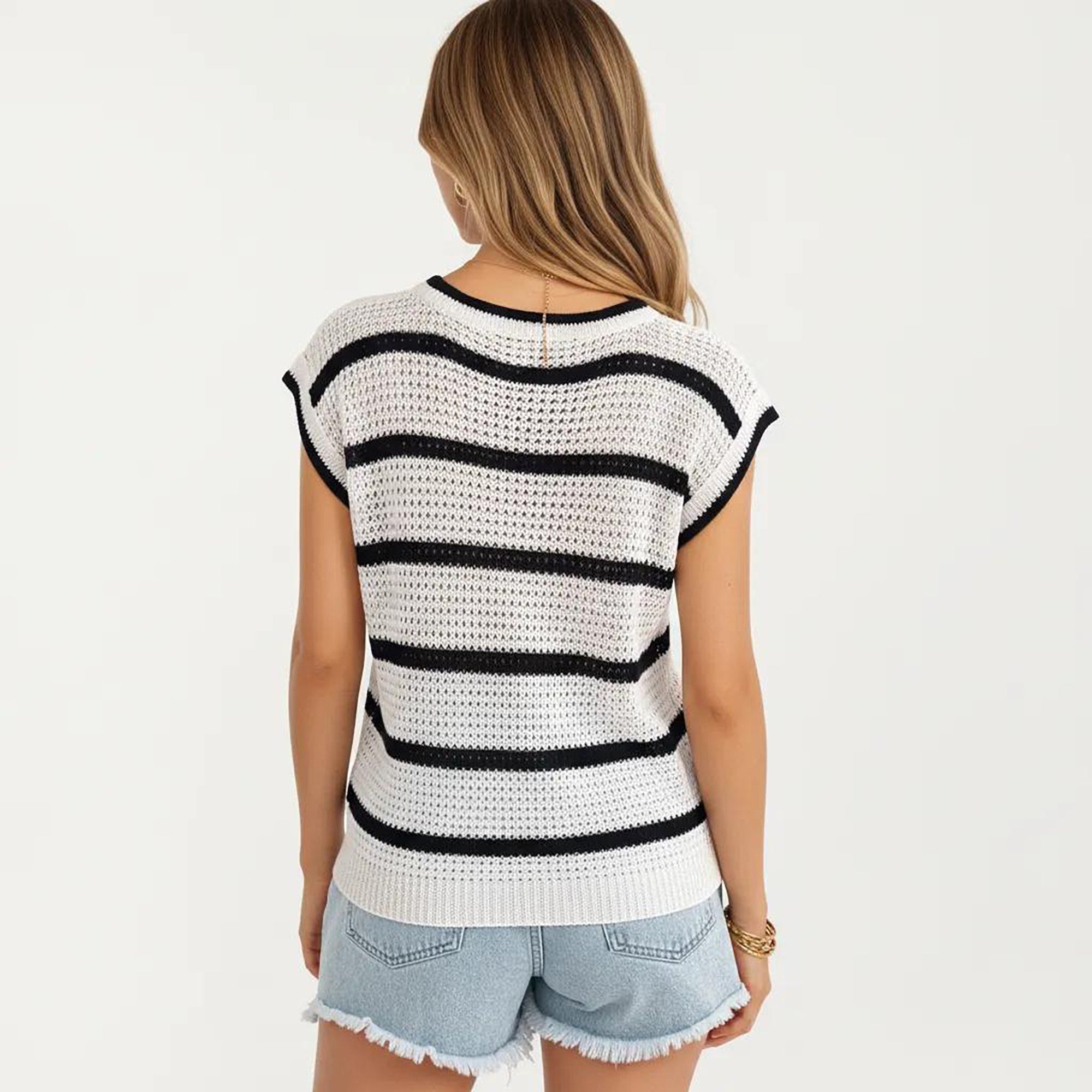 Anna-Kaci Women's Sleeveless Striped Knit Pullover Sweater Top with Ribbed Trim and Relaxed Fit