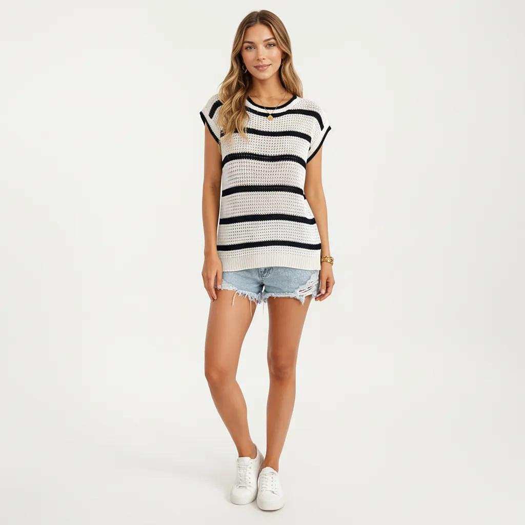 Anna-Kaci Women's Sleeveless Striped Knit Pullover Sweater Top with Ribbed Trim and Relaxed Fit