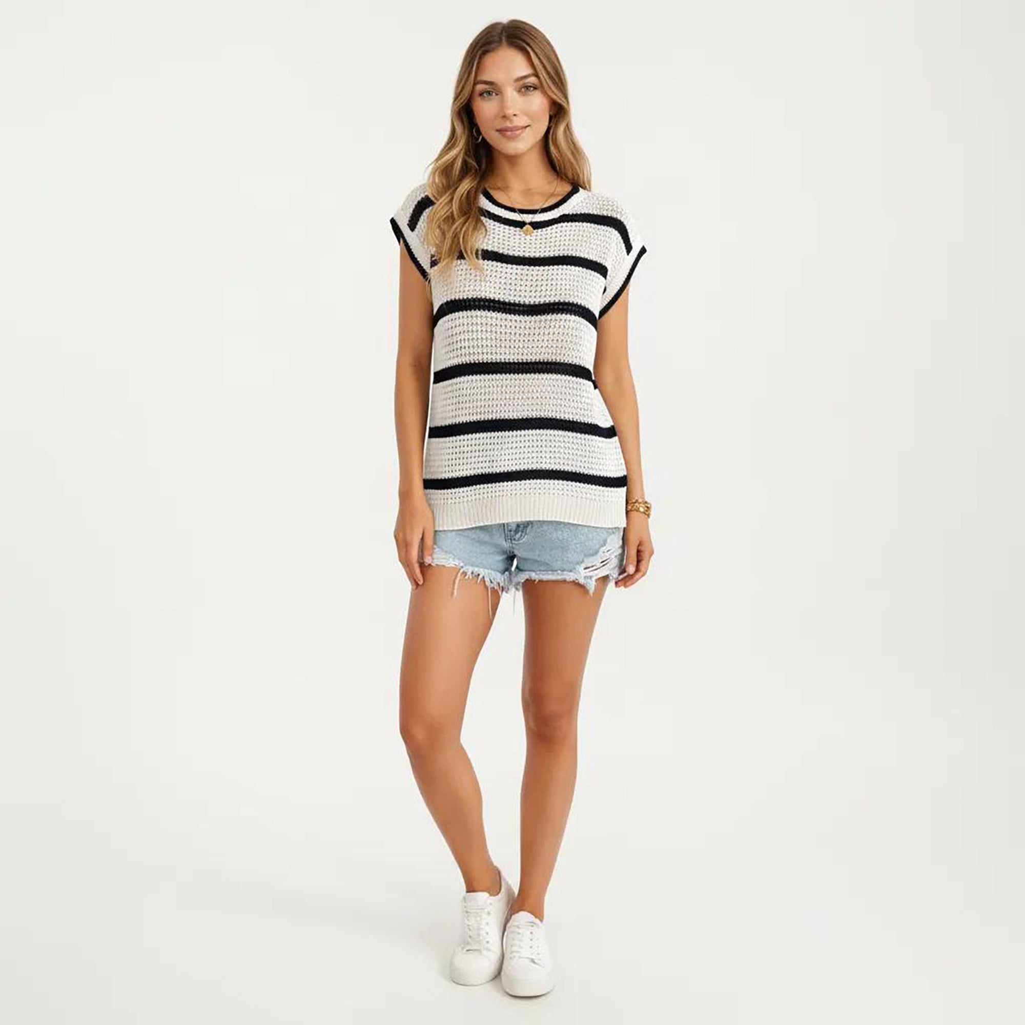 Anna-Kaci Women's Sleeveless Striped Knit Pullover Sweater Top with Ribbed Trim and Relaxed Fit