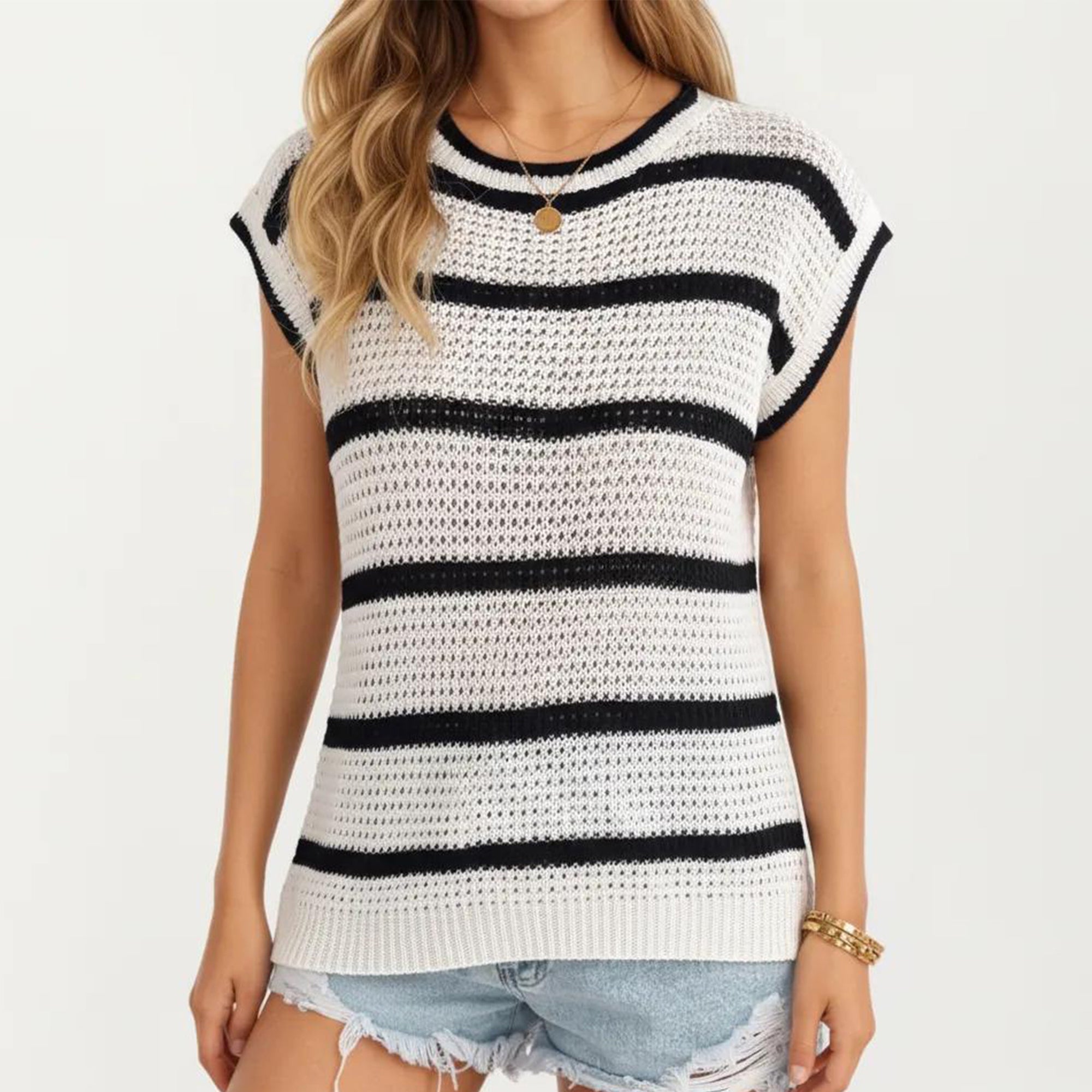 Anna-Kaci Women's Sleeveless Striped Knit Pullover Sweater Top with Ribbed Trim and Relaxed Fit