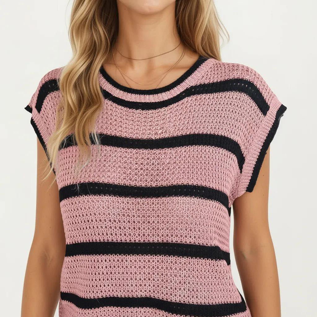 Anna-Kaci Women's Sleeveless Striped Knit Pullover Sweater Top with Ribbed Trim and Relaxed Fit