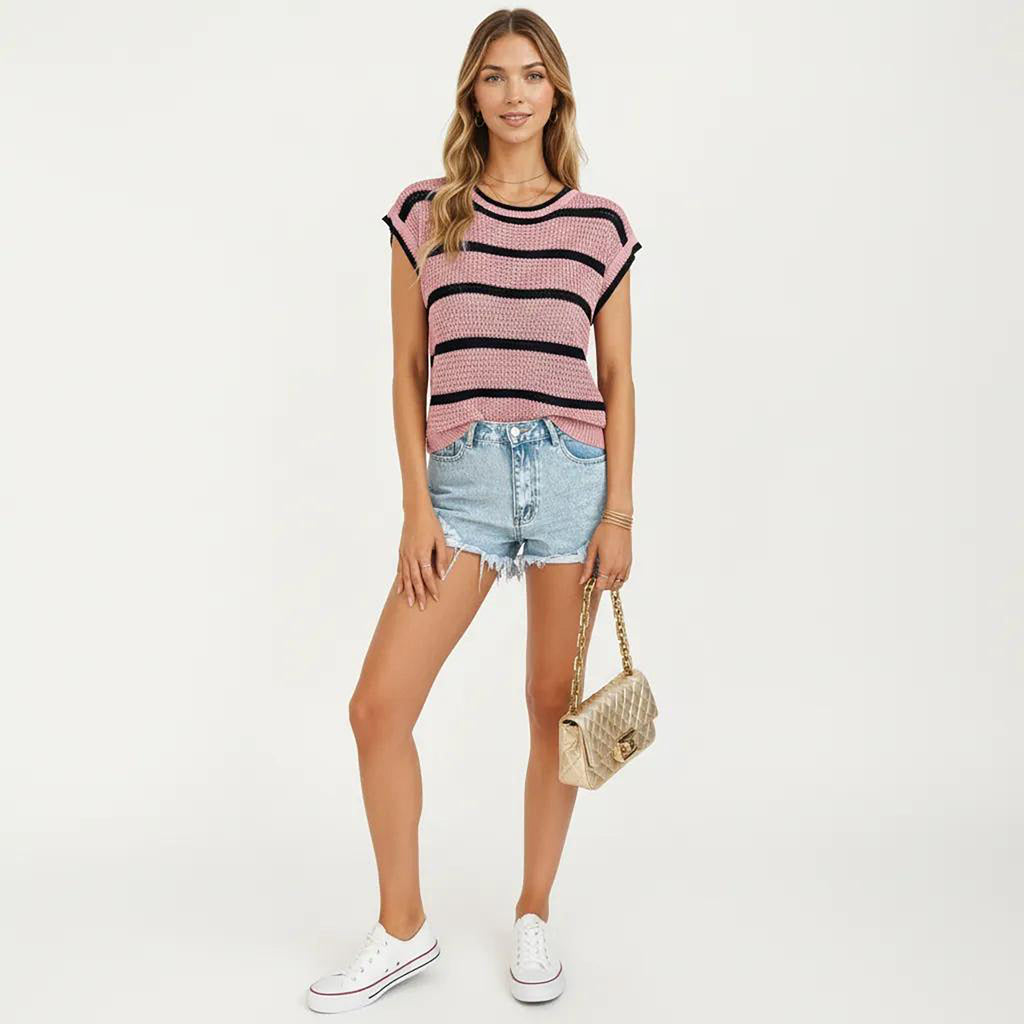 Anna-Kaci Women's Sleeveless Striped Knit Pullover Sweater Top with Ribbed Trim and Relaxed Fit