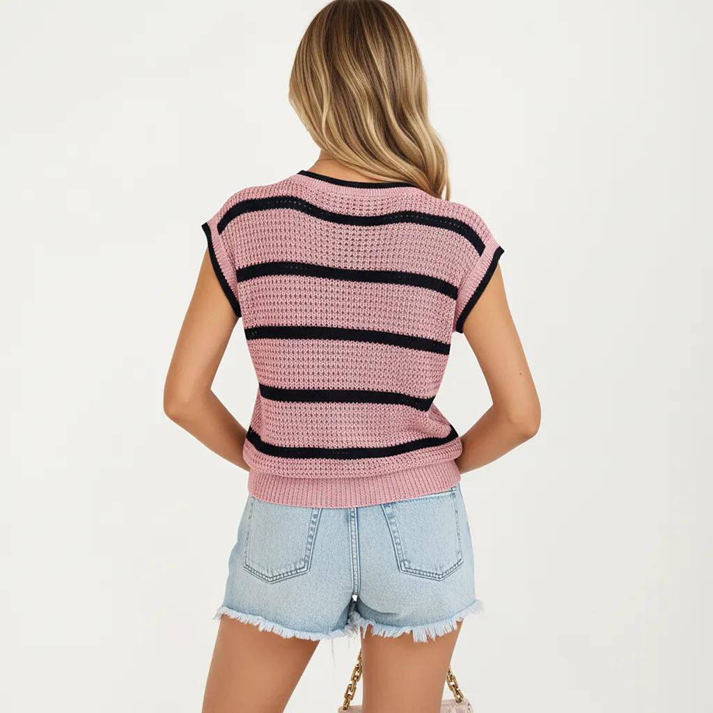 Anna-Kaci Women's Sleeveless Striped Knit Pullover Sweater Top with Ribbed Trim and Relaxed Fit