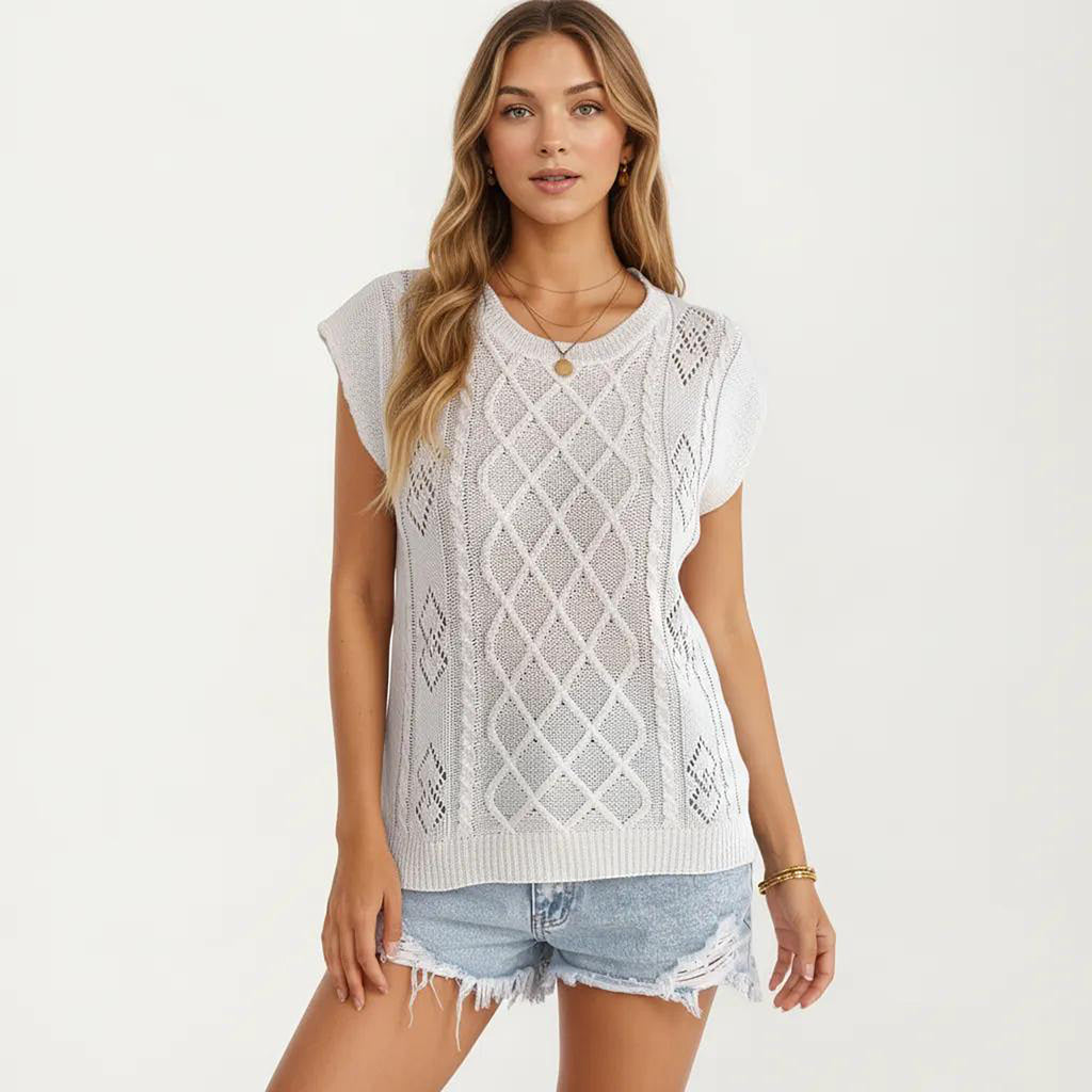 Anna-Kaci Women's Sleeveless Diamond Cable Knit Pullover Sweater Top with Ribbed Trim and Relaxed Fit
